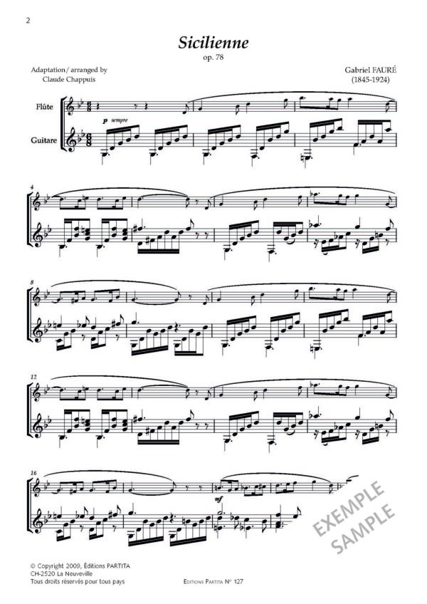 Gabriel Fauré - SICILIENNE OP. 78 pour flûte/violon/clarinette et guitare, Arr. C. Chappuis – Bild 2
