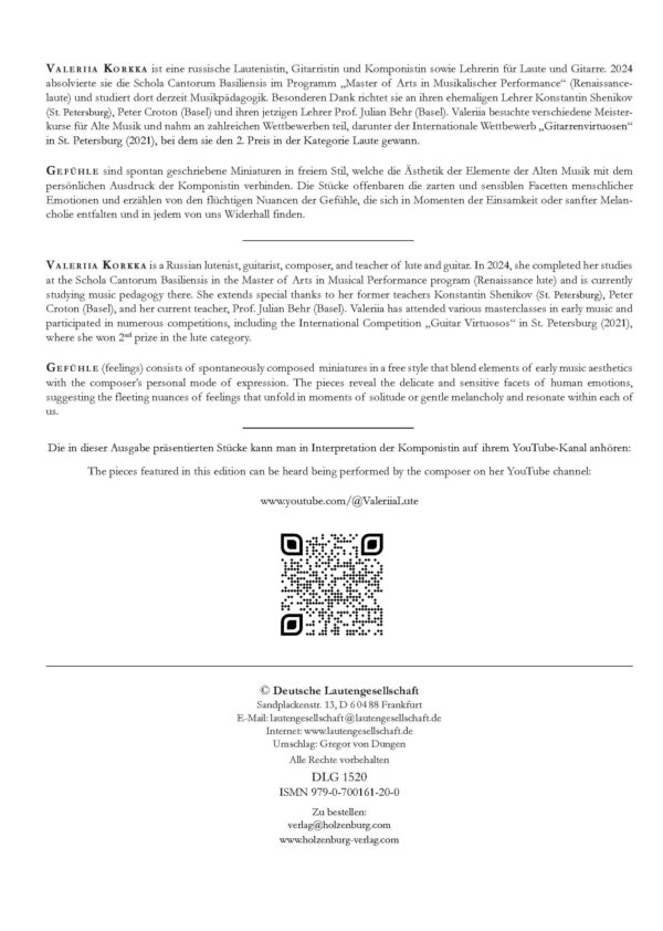 Valeriia Korkka - Gefühle, Kompositionen für 6- bis 10-chörige Laute / Compositions for Renaissance Lute – Bild 3