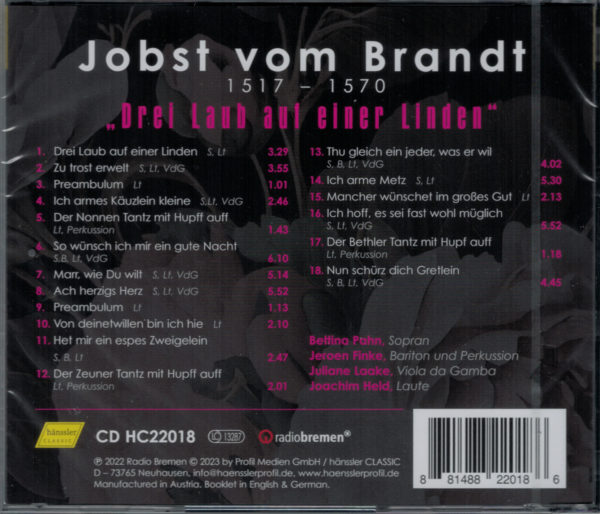 Joachim Held, Bettina Pahn - Jobst vom Brandt, German Songs of the Renaissance – Bild 2