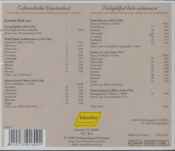 Joachim Held, CD: Erfreuliche Lautenlust / Delightful Lute-Pleasure, Lautenmusik aus Habsburgischen Landen – Bild 2