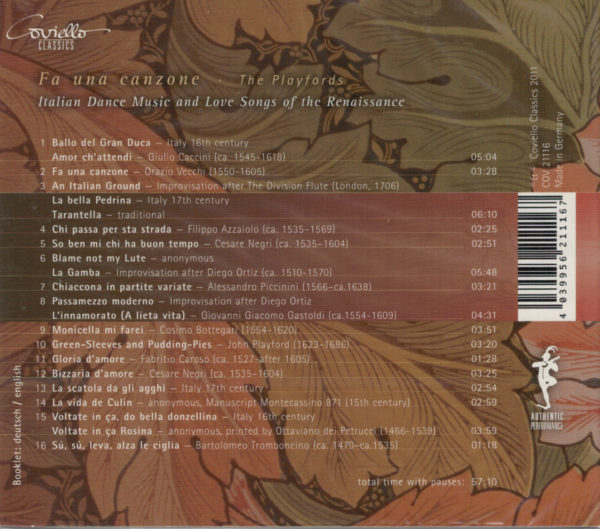 The Playfords, CD:  'Fa una canzone', Italian Dance Music & Love Songs of the Renaissance – Bild 2