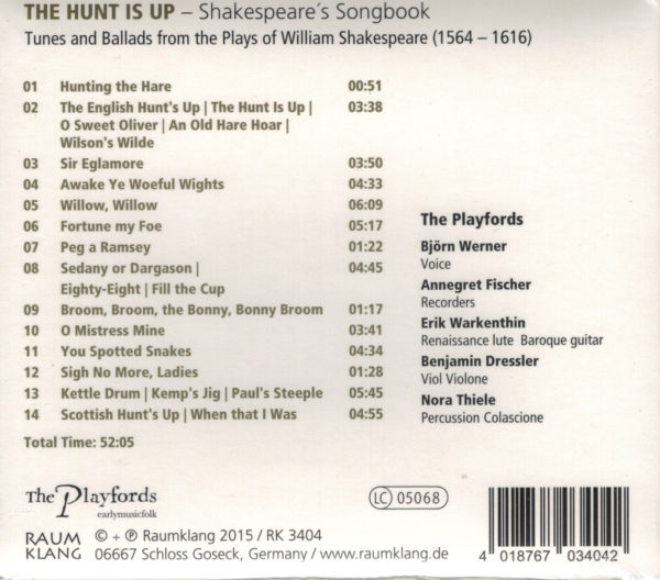 The Playfords, CD: 'The Hunt is Up', Shakespeare's Songbook – Bild 2
