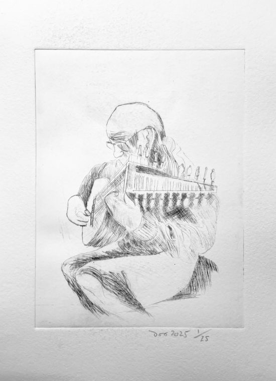 Alter Mann mit Laute - Radierung