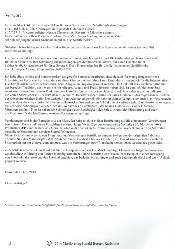 Schiffelholtz, Johann Paul (Sohn), Sonate D-Dur für 2 Galliconen / Gitarren – Bild 3
