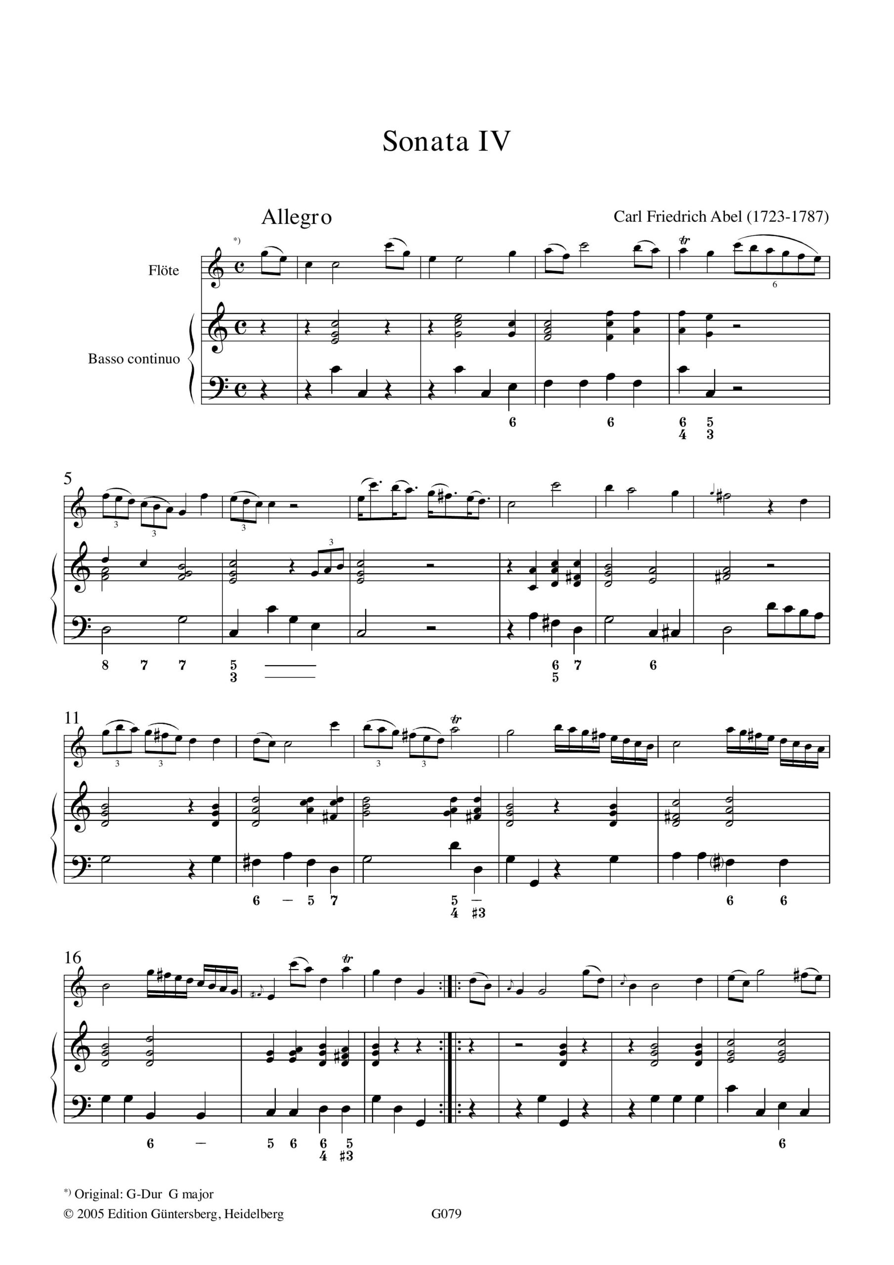 Carl Friedrich Abel (1732-1787) Six
Easy Sonattas - für Flöte und Basso continuo – Bild 2