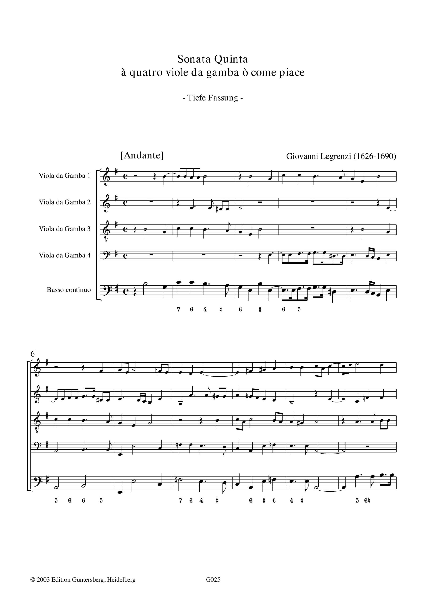 Giovanni Legrenzi (1626-1690) Zwei
Sonaten aus La Cetra - für Gambenquartett und B.c., Venedig 1673 – Bild 3