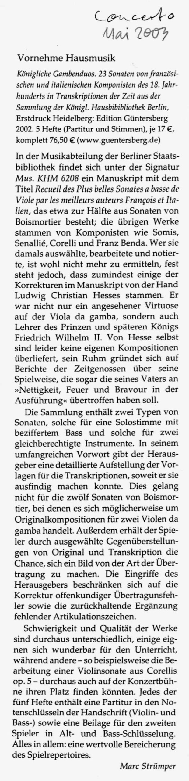 Anonym (Berlin 18. Jh.) Königliche
Gambenduos - 23 Sonaten von französischen und italienischen Komponisten des 18.
Jahrhunderts in Transkriptionen der Zeit (Sammlung M6208 der Königlichen
Hausbibliothek Berlin), für 2 Bassgamben – Bild 9