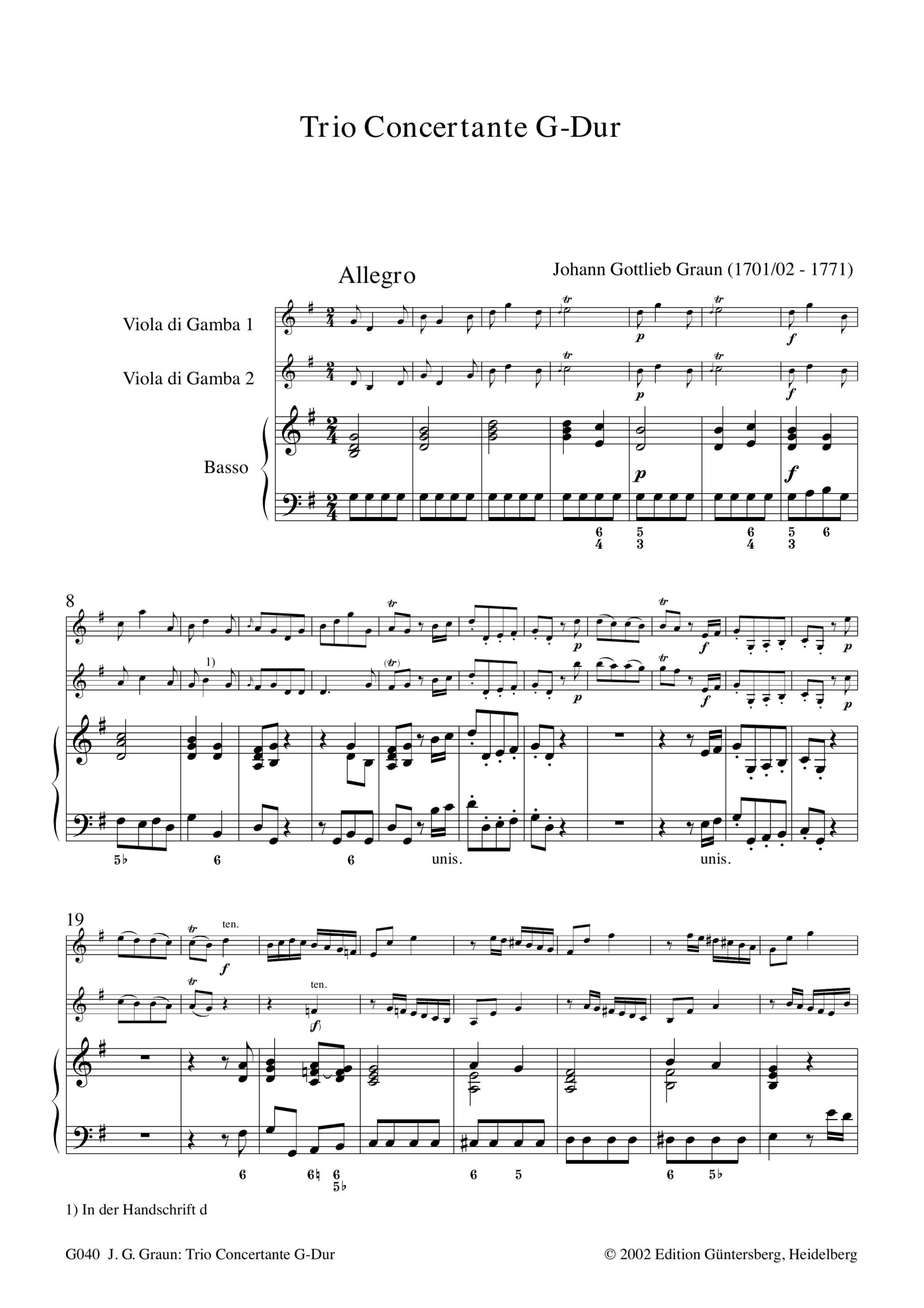 Johann Gottlieb Graun (1701/2-1771) Trio Concertante - für 2 Bassgamben und B.c. – Bild 5