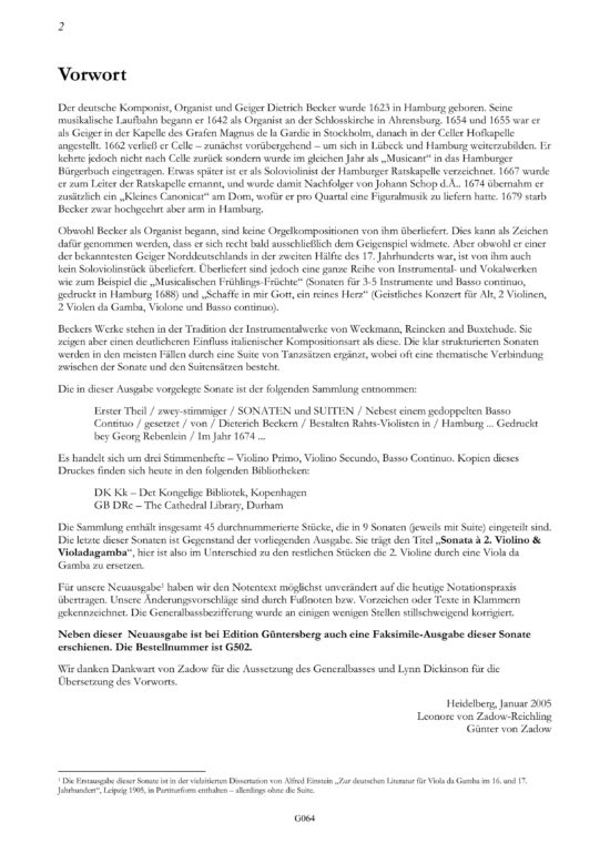 Dietrich Becker (1623-1679) Sonata à
2. Violino & Violdagamba. - aus Erster Theil zweystimmiger Sonaten und Suiten, Hamburg 1674