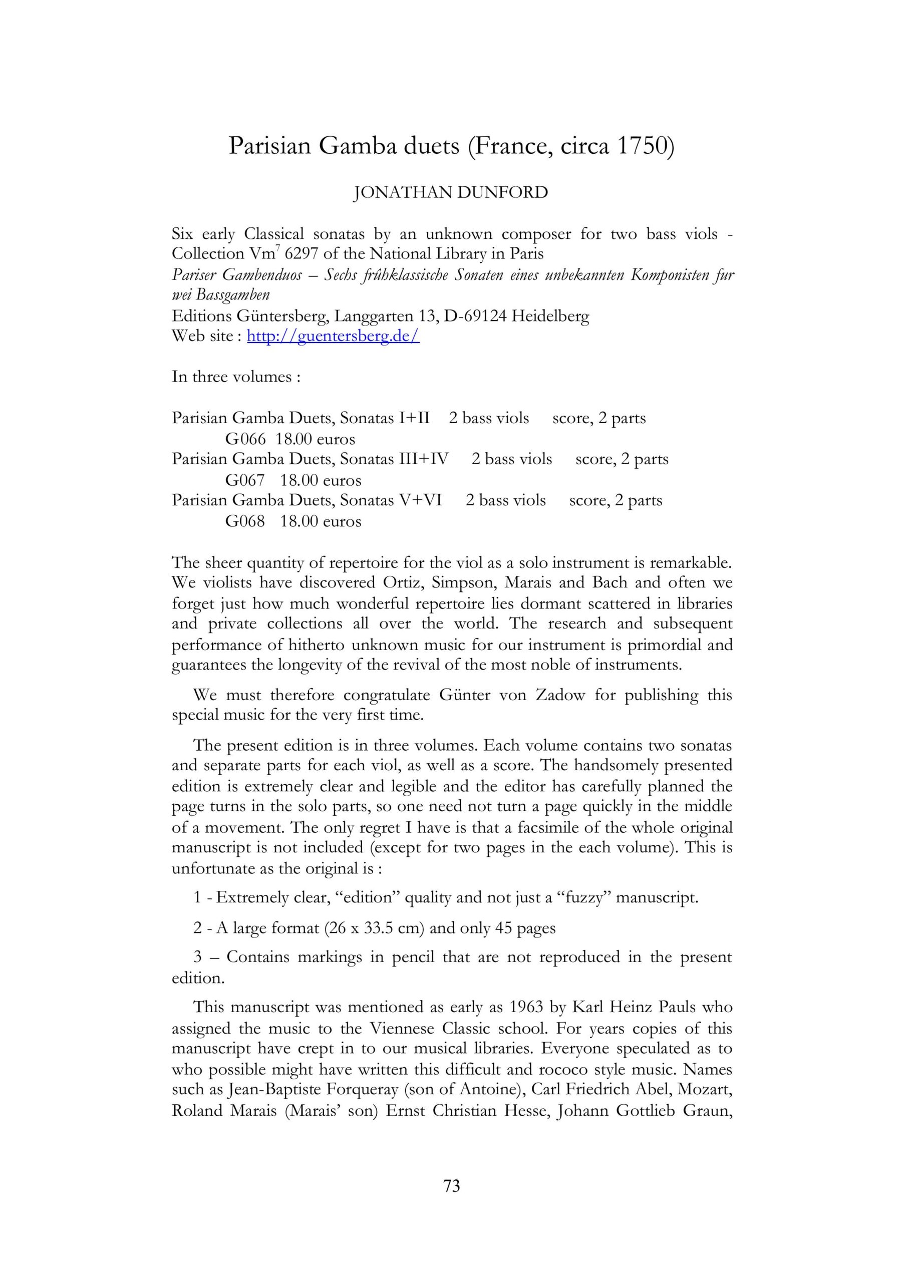 Anonym, Frankreich um 1750 Pariser Gambenduos - Sechs frühklassische Sonaten eines unbekannten Komponisten für zwei
Bassgamben - Sammlung Vm7 6297 der Nationalbibliothek in Paris – Bild 4