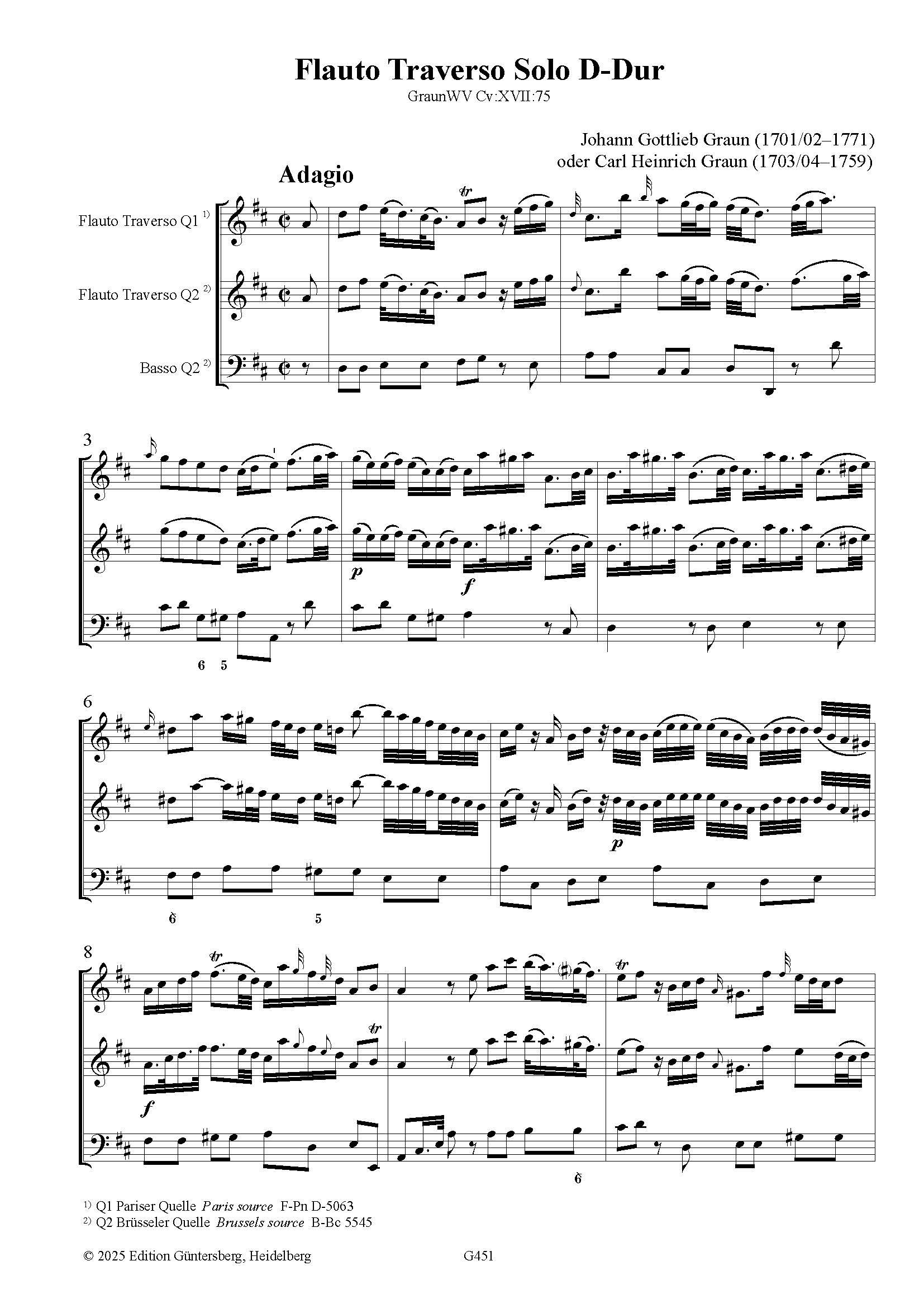 Johann Gottlieb Graun oder Carl Heinrich Graun (1701/02–1771 bzw. 1703/04–1759) - Solo für Traversflöte und Basso continuo in D-Dur – Bild 4