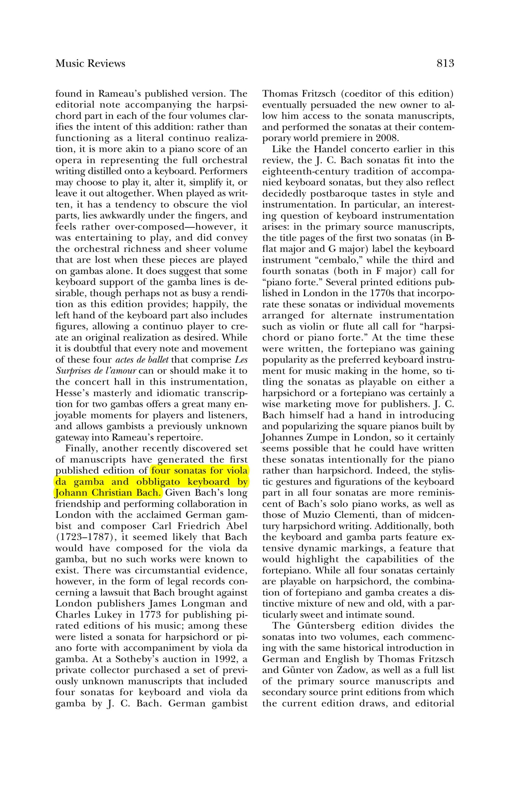 Johann Christian Bach (1735-1782) Vier Sonaten für Cembalo / Pianoforte und Viola da Gamba - Besprechungen / Reviews – Bild 10