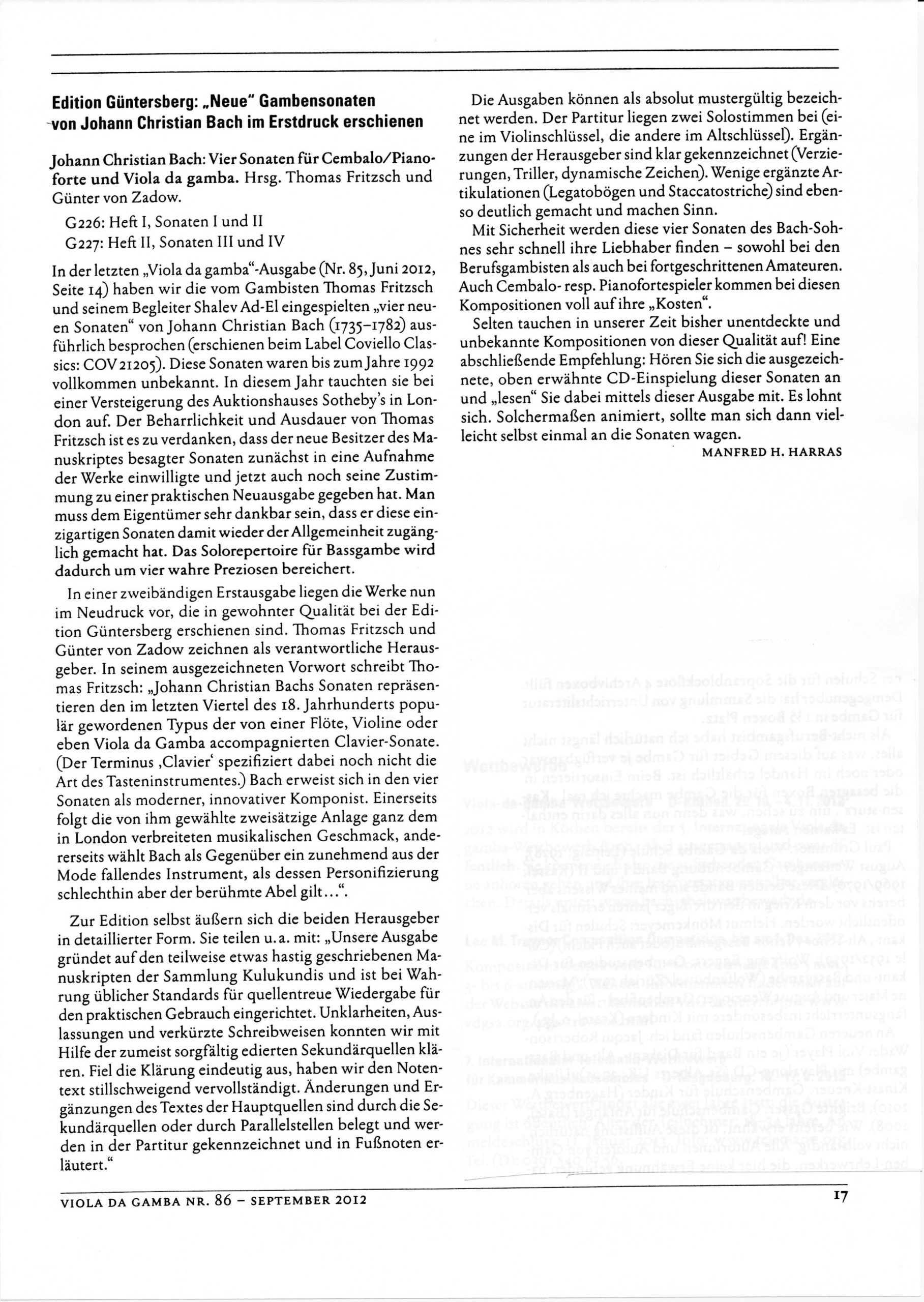 Johann Christian Bach (1735-1782) Vier Sonaten für Cembalo / Pianoforte und Viola da Gamba - Besprechungen / Reviews – Bild 20