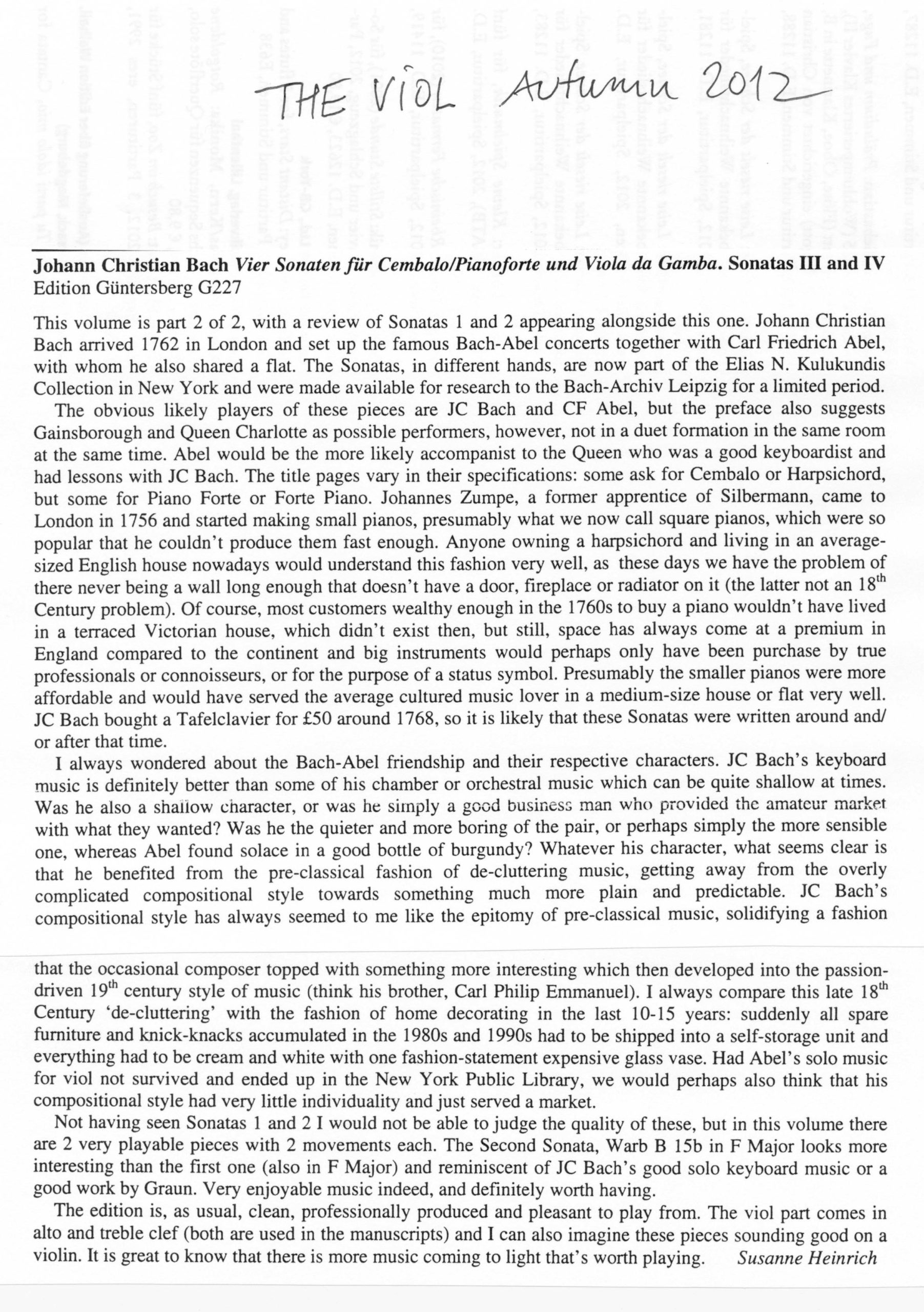 Johann Christian Bach (1735-1782) Vier Sonaten für Cembalo / Pianoforte und Viola da Gamba - Besprechungen / Reviews – Bild 21