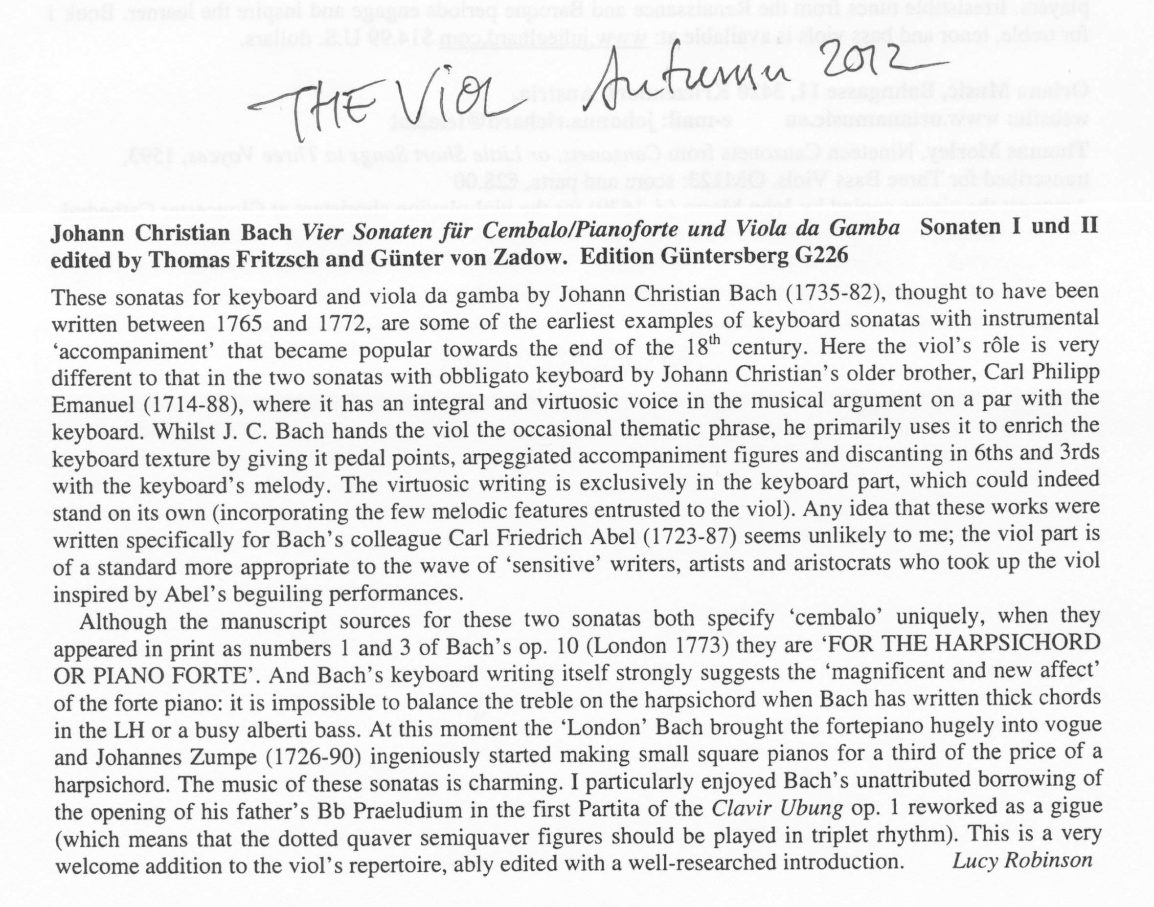 Johann Christian Bach (1735-1782) Vier Sonaten für Cembalo / Pianoforte und Viola da Gamba - Besprechungen / Reviews – Bild 22