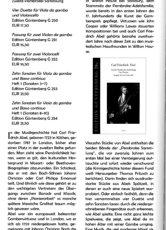 Carl Friedrich Abel (1723-1787) Zweite Pembroke-Sammlung - Vier Duette für Viola da Gamba und Violoncello, zehn Sonaten für
Viola da Gamba und Basso continuo