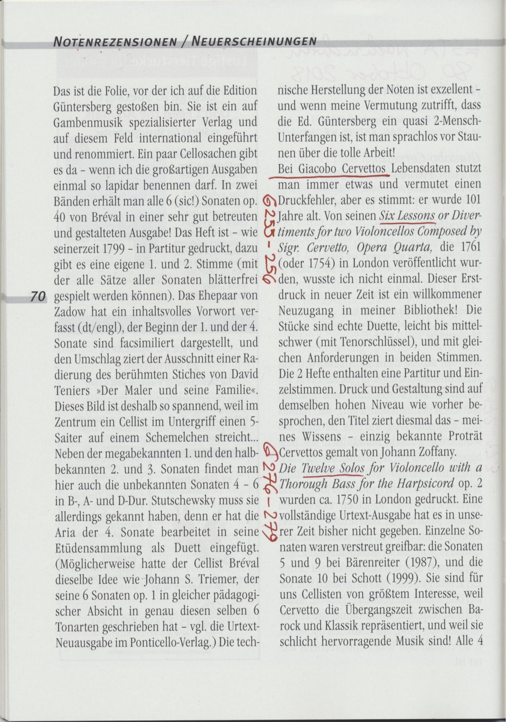 Giacobo Cervetto (1682-1783) Six
Lessons or Divertiments for two Violoncellos - Besprechungen / Reviews – Bild 4