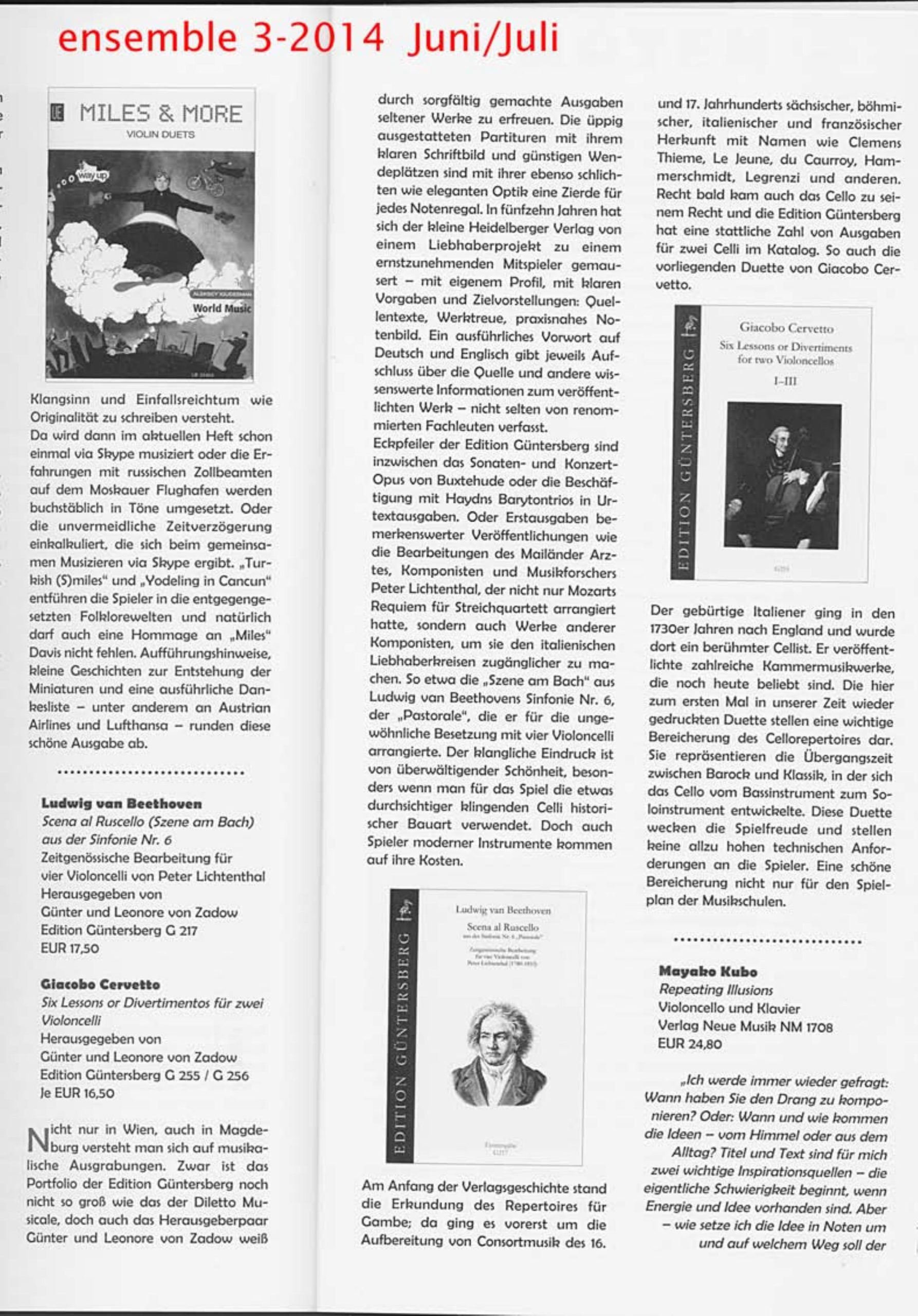 Giacobo Cervetto (1682-1783) Six
Lessons or Divertiments for two Violoncellos - Besprechungen / Reviews – Bild 6