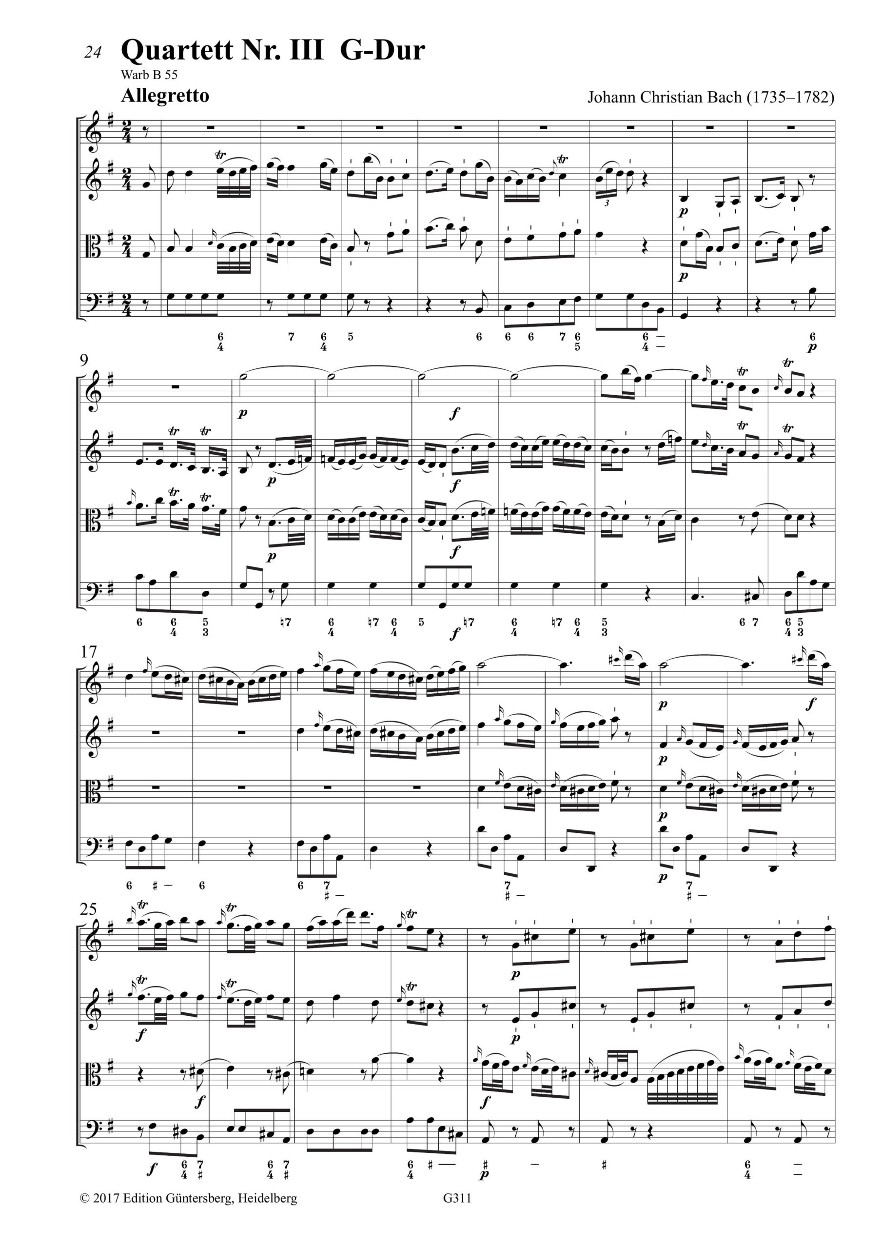 Johann Christian Bach (1735-1782) Sechs Quartette für Carl Friedrich Abel Op. 8 - für Oboe (Flöte, Violine), Violine, Viola da Gamba (Viola) und Basso – Bild 7