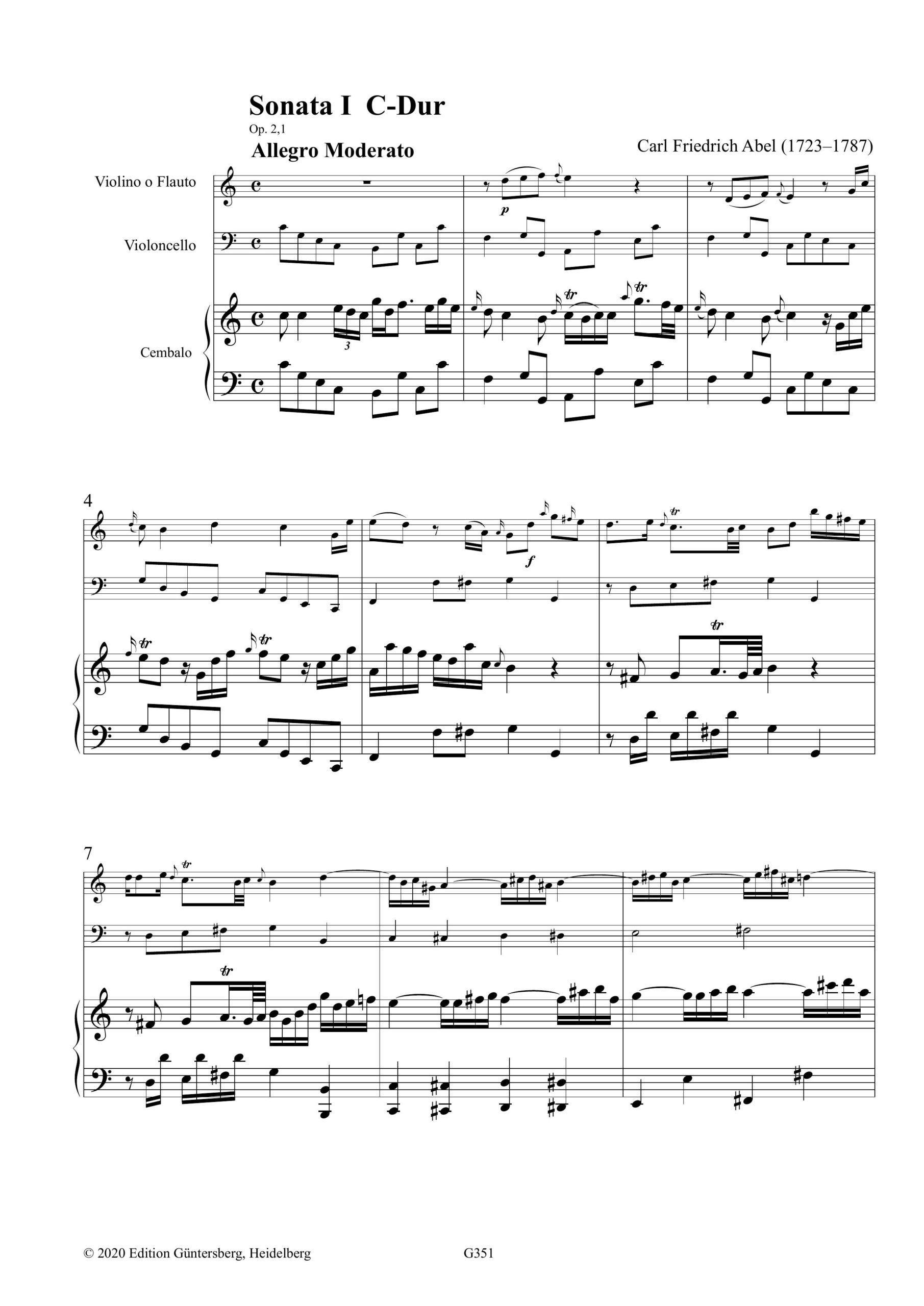 Carl Friedrich Abel (1723–1787) Sechs Cembalosonaten Op. II - mit Begleitung einer Violine/Traversflöte und eines Violoncellos – Bild 2