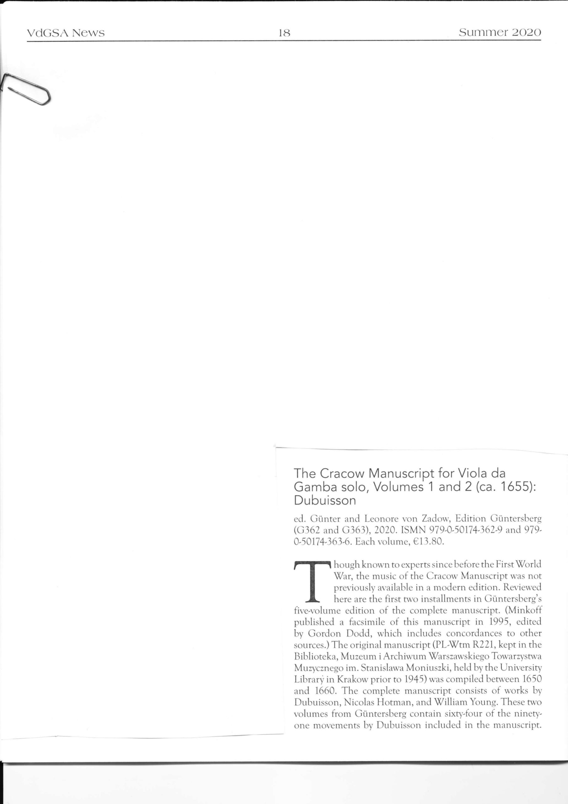 Dubuisson, Nicolas Hotman, William Young (ca. 1655) Das Krakauer Manuskript für Viola da Gamba solo - Besprechungen / Reviews – Bild 19