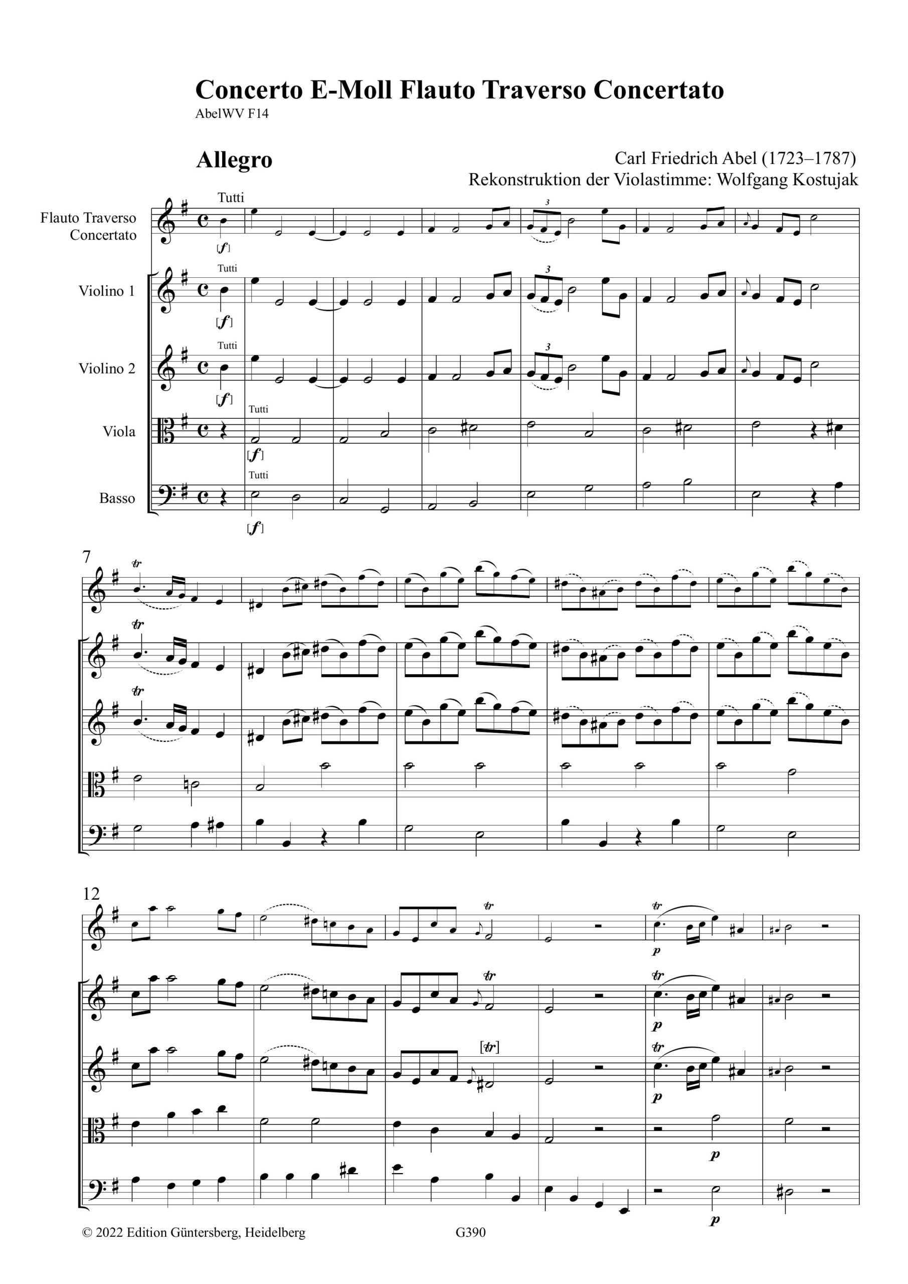 Carl Friedrich Abel (1723-1787) Concerto E-Moll Flauto Traverso Concertato - für Traversflöte, zwei Violinen, Viola und Basso (Fl + Piano)) – Bild 6