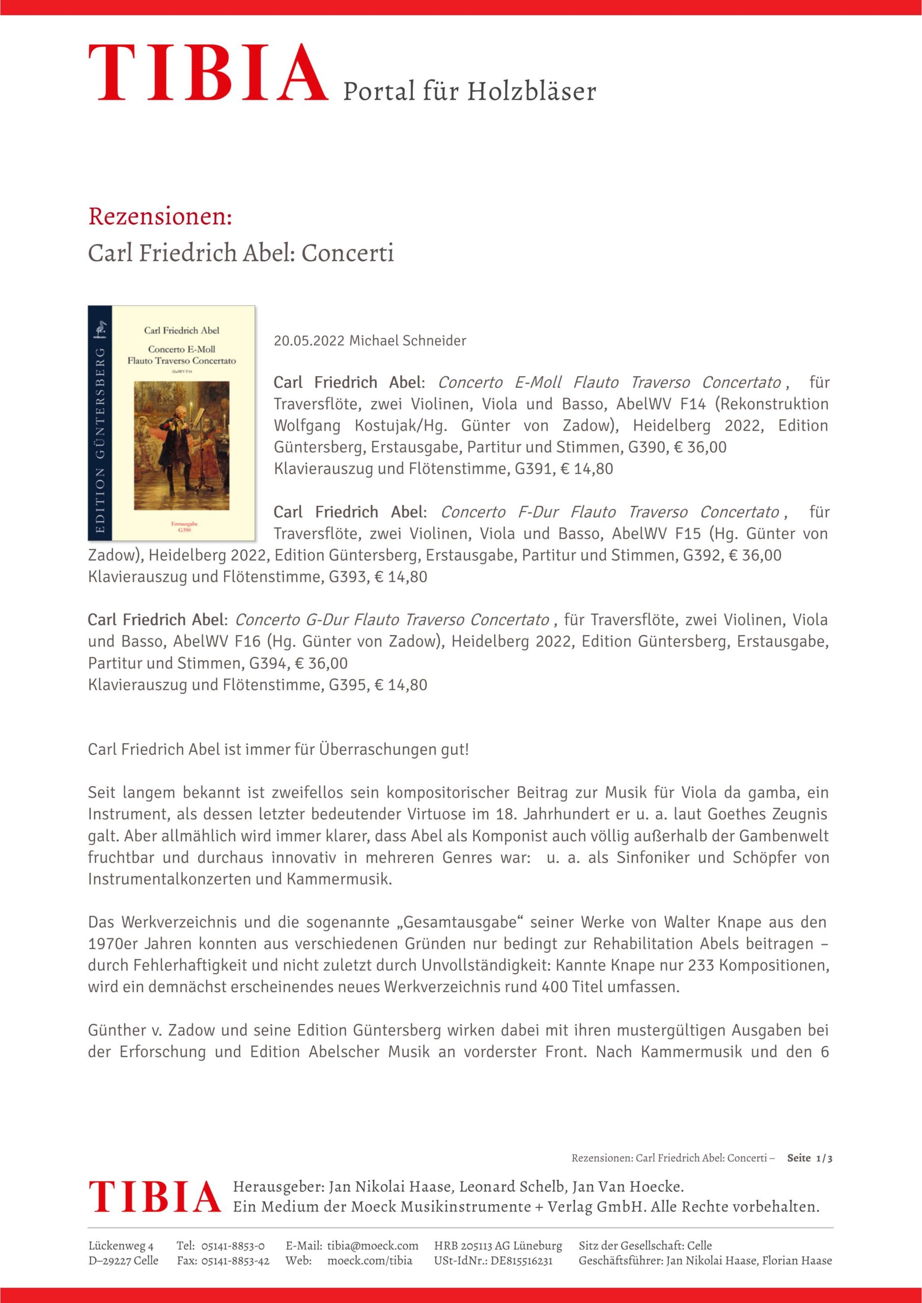 Carl Friedrich Abel (1723-1787) Concerto G-Dur Flauto Traverso Concertato - für Traversflöte, zwei Violinen, Viola und Basso – Bild 3