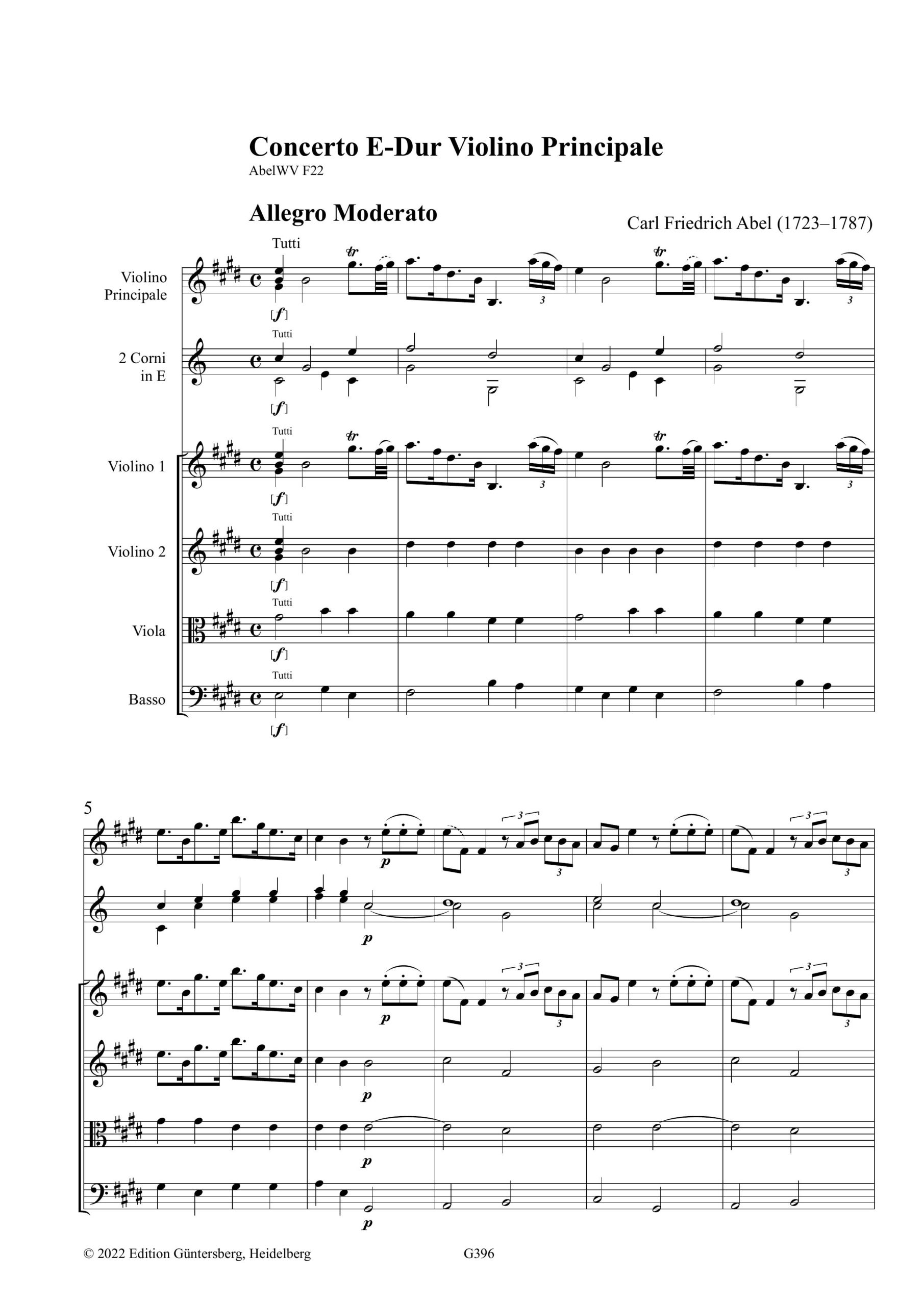 Carl Friedrich Abel (1723-1787) Concerto E-Dur Violino Principale - für Solo-Violine, zwei Violinen, Viola, zwei Hörner und Basso – Bild 3