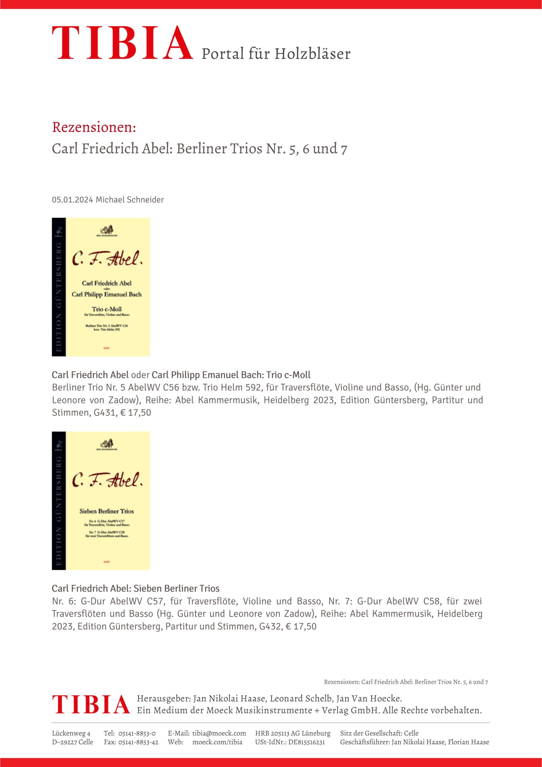 Carl Friedrich Abel (1723–1787) Sieben Berliner Trios - für Traversflöte und zweite Traversflöte oder Violine und Basso – Bild 6