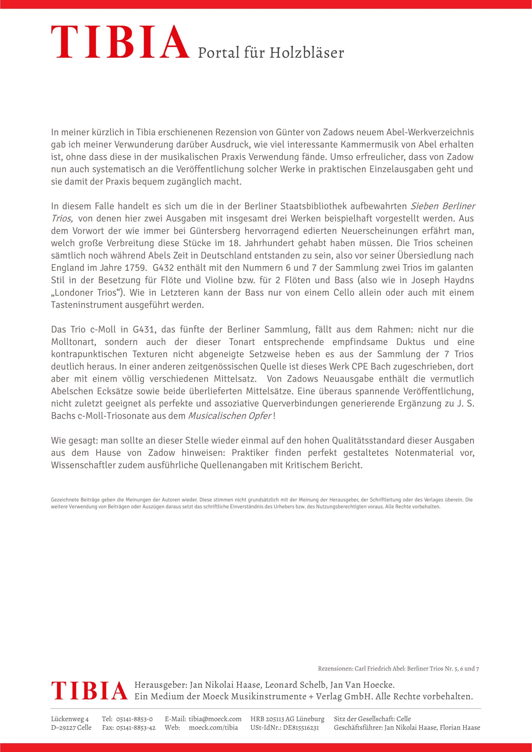 Carl Friedrich Abel (1723–1787) Sieben Berliner Trios - für Traversflöte und zweite Traversflöte oder Violine und Basso – Bild 6