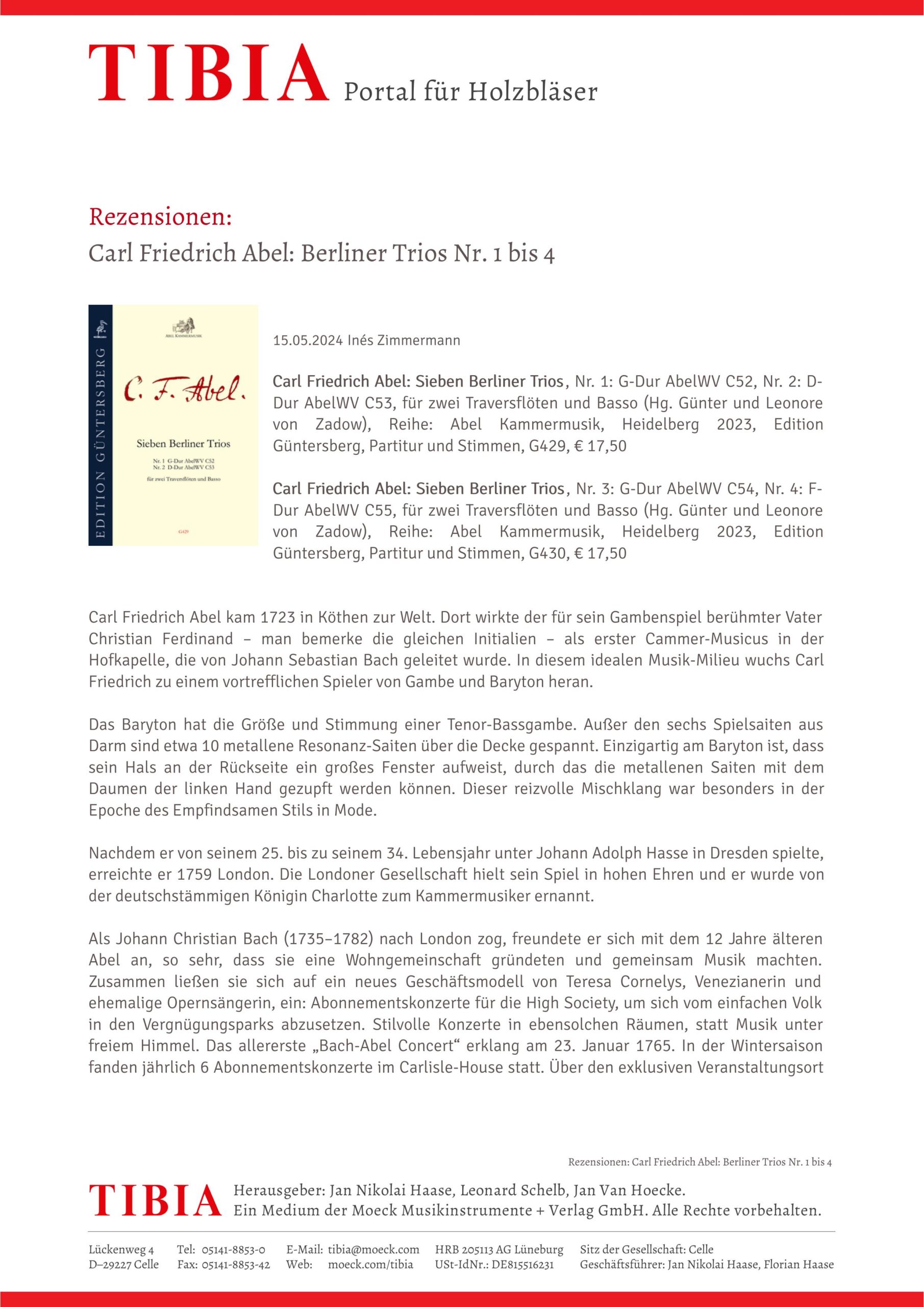 Carl Friedrich Abel (1723–1787) Sieben Berliner Trios - für Traversflöte und zweite Traversflöte oder Violine und Basso – Bild 4