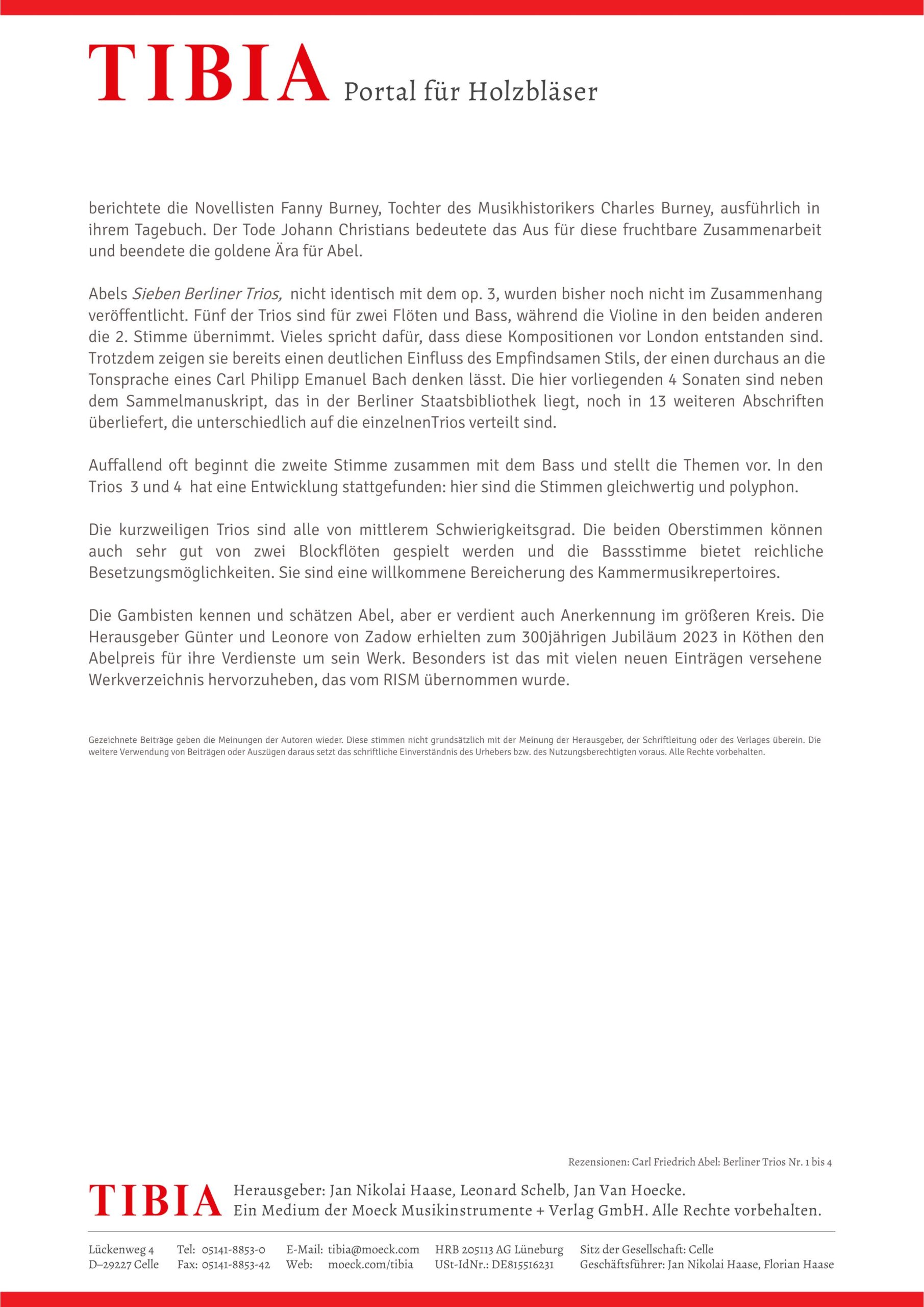 Carl Friedrich Abel (1723–1787) Sieben Berliner Trios - für Traversflöte und zweite Traversflöte oder Violine und Basso – Bild 3