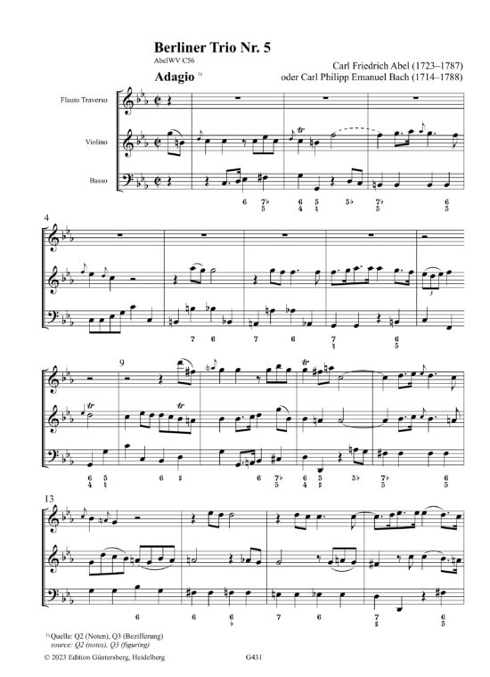 Carl Friedrich Abel (1723–1787) Sieben Berliner Trios - für Traversflöte und zweite Traversflöte oder Violine und Basso
