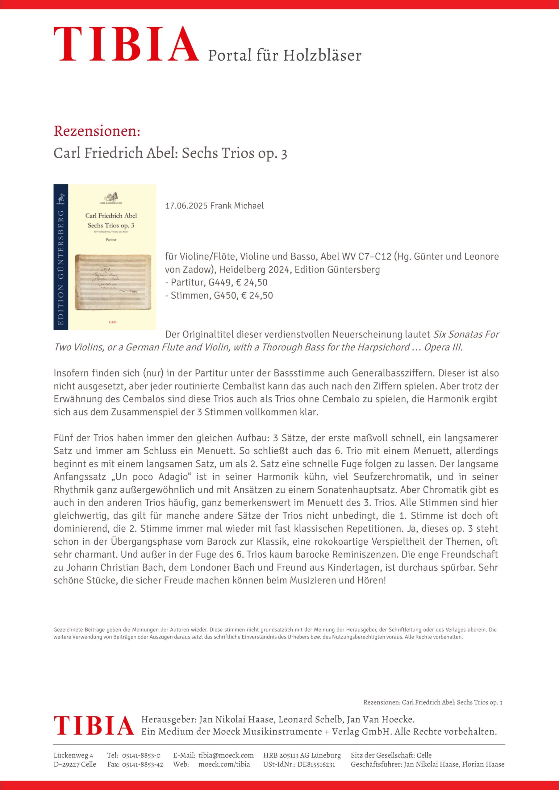 Carl Friedrich Abel (1723–1787) Sechs Trios op. 3 - für Violine/Flöte, Violine und Basso – Bild 2