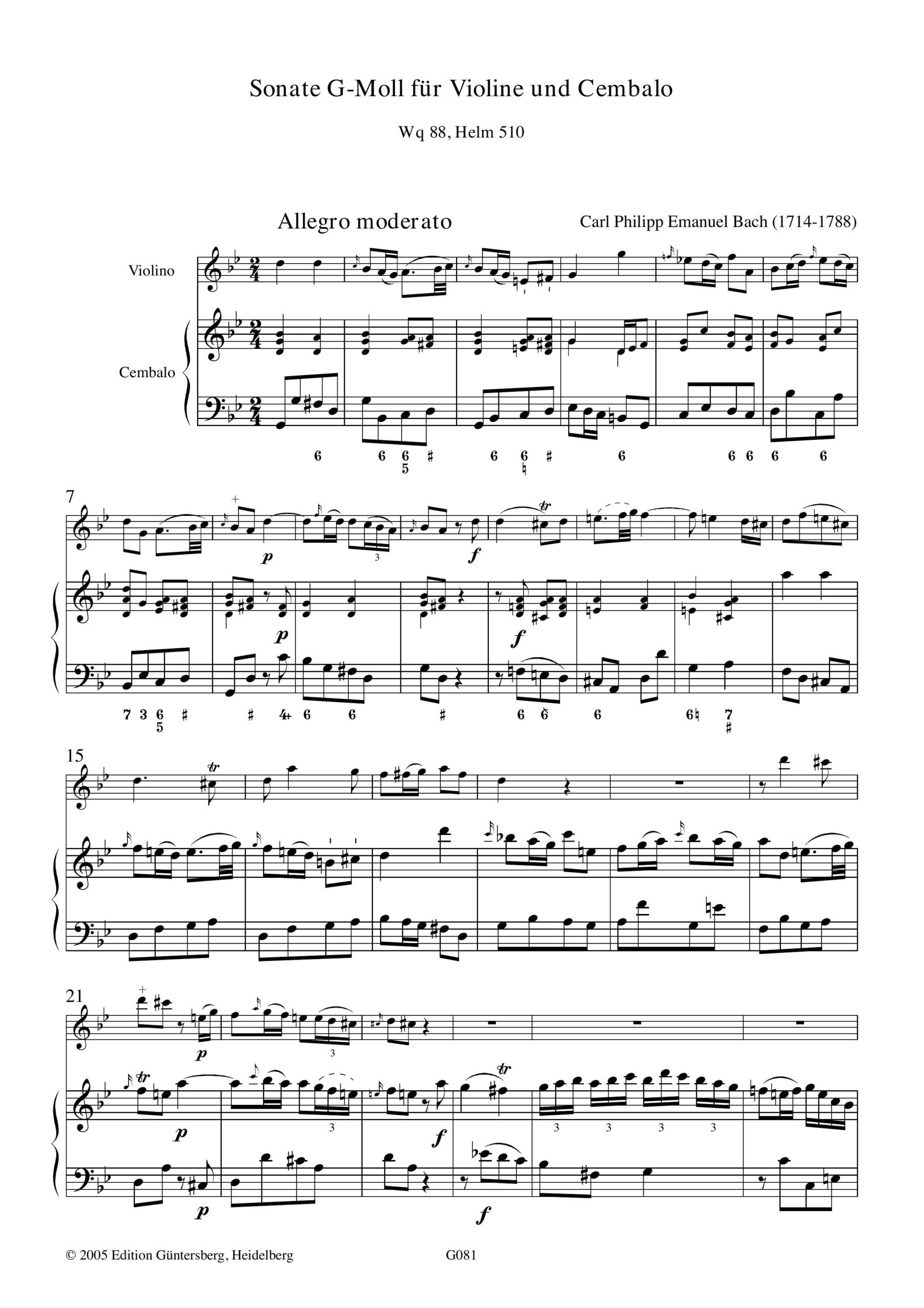 Carl Philipp Emanuel Bach (1714-1788) Sonate G-Moll - für Violine und Cembalo – Bild 4