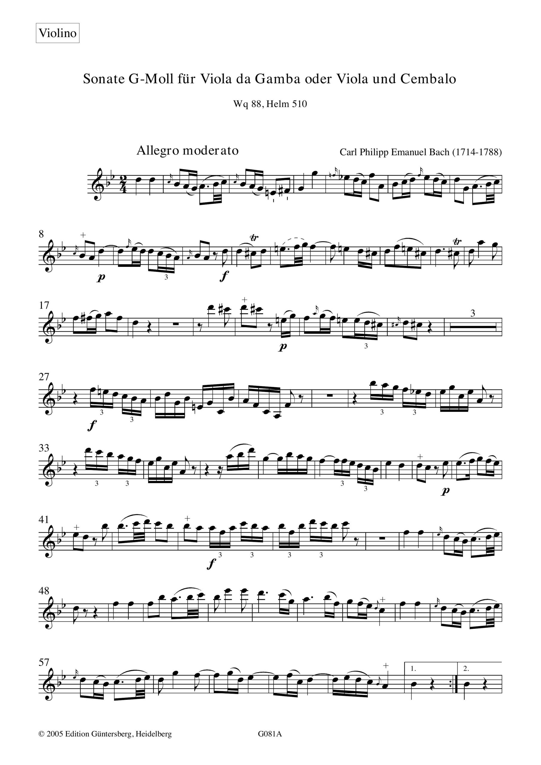 Carl Philipp Emanuel Bach (1714-1788) Sonate G-Moll - für Violine und Cembalo – Bild 5