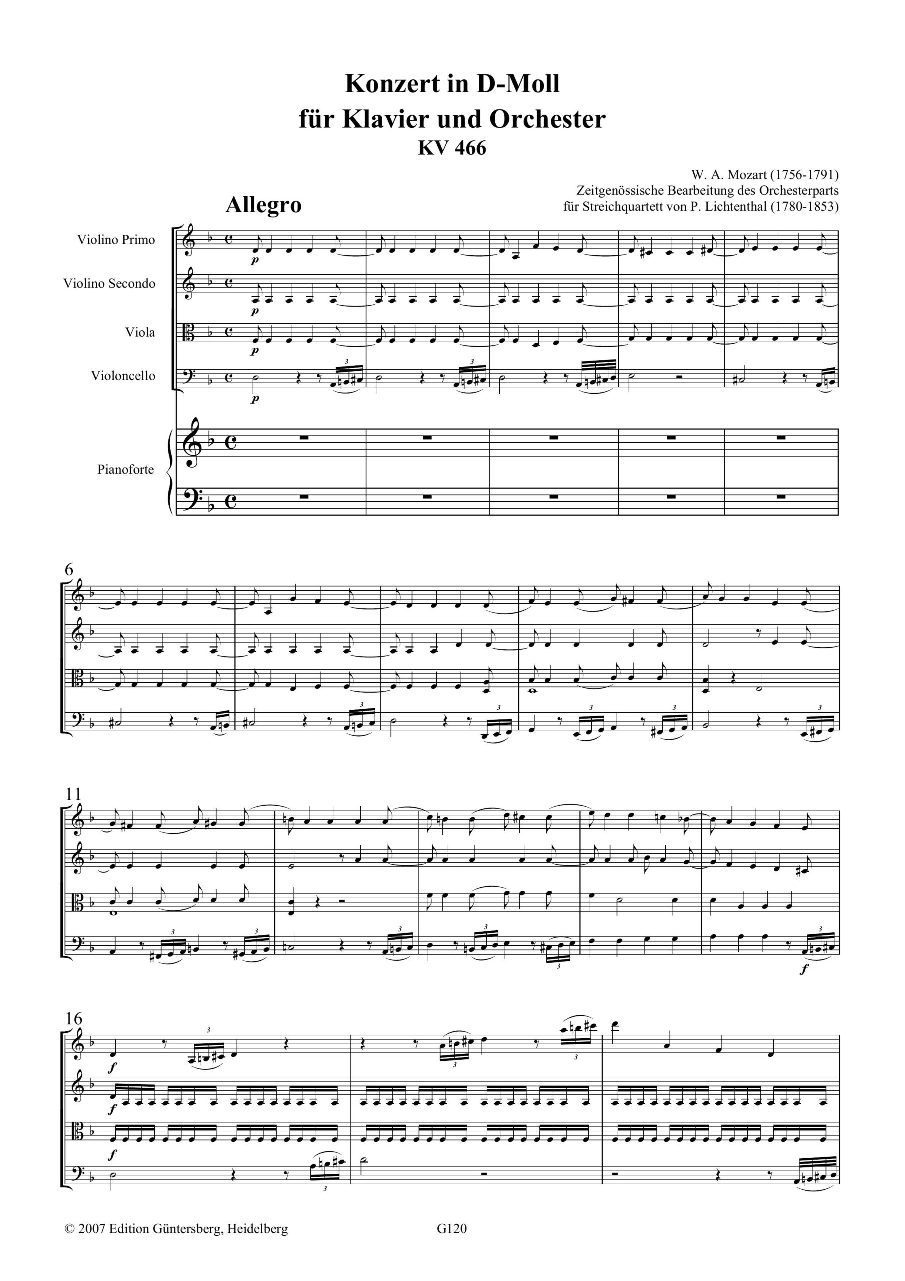 Wolfgang Amadeus Mozart (1756-1791) Konzert in D-Moll KV 466 für Klavier und Orchester - Zeitgenössische Bearbeitung des Orchesterparts für Streichquartett von
Peter Lichtenthal (1780-1853) - Image 4