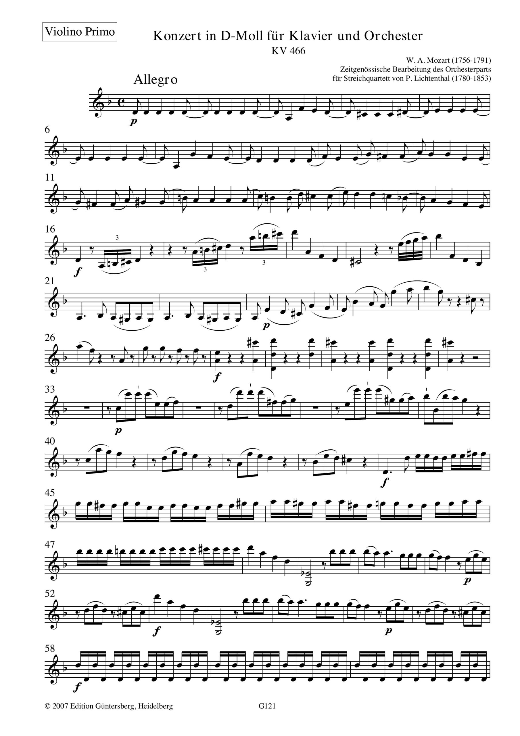 Wolfgang Amadeus Mozart (1756-1791) Konzert in D-Moll KV 466 für Klavier und Orchester - Zeitgenössische Bearbeitung des Orchesterparts für Streichquartett von
Peter Lichtenthal (1780-1853) - Image 5