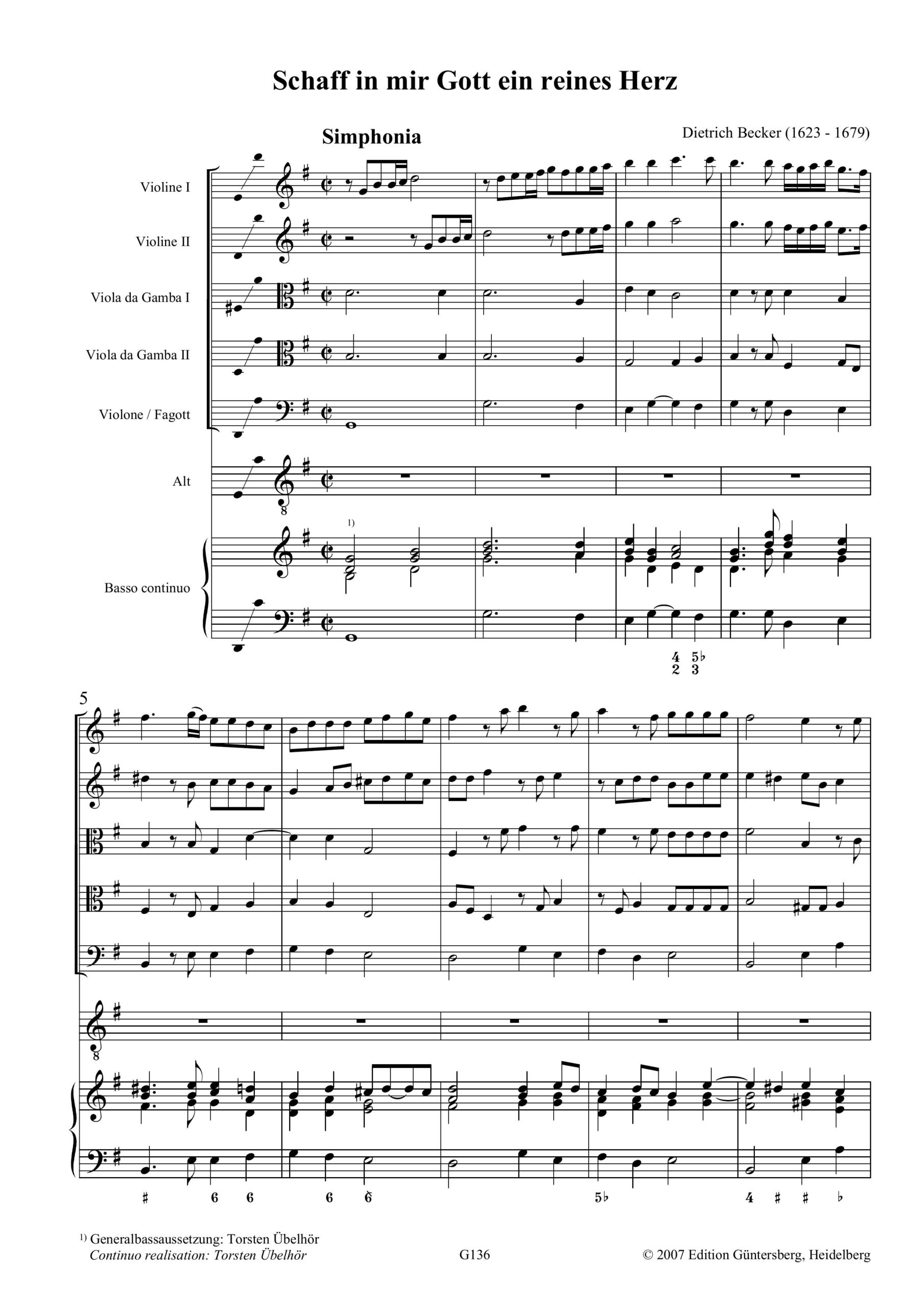 Dietrich Becker (1623-1679) Schaff in
mir Gott ein reines Herz - Geistliches Konzert für Alt, 2 Violinen, 2 Violen da Gamba,
Violone/Fagott und B.c. – Bild 3