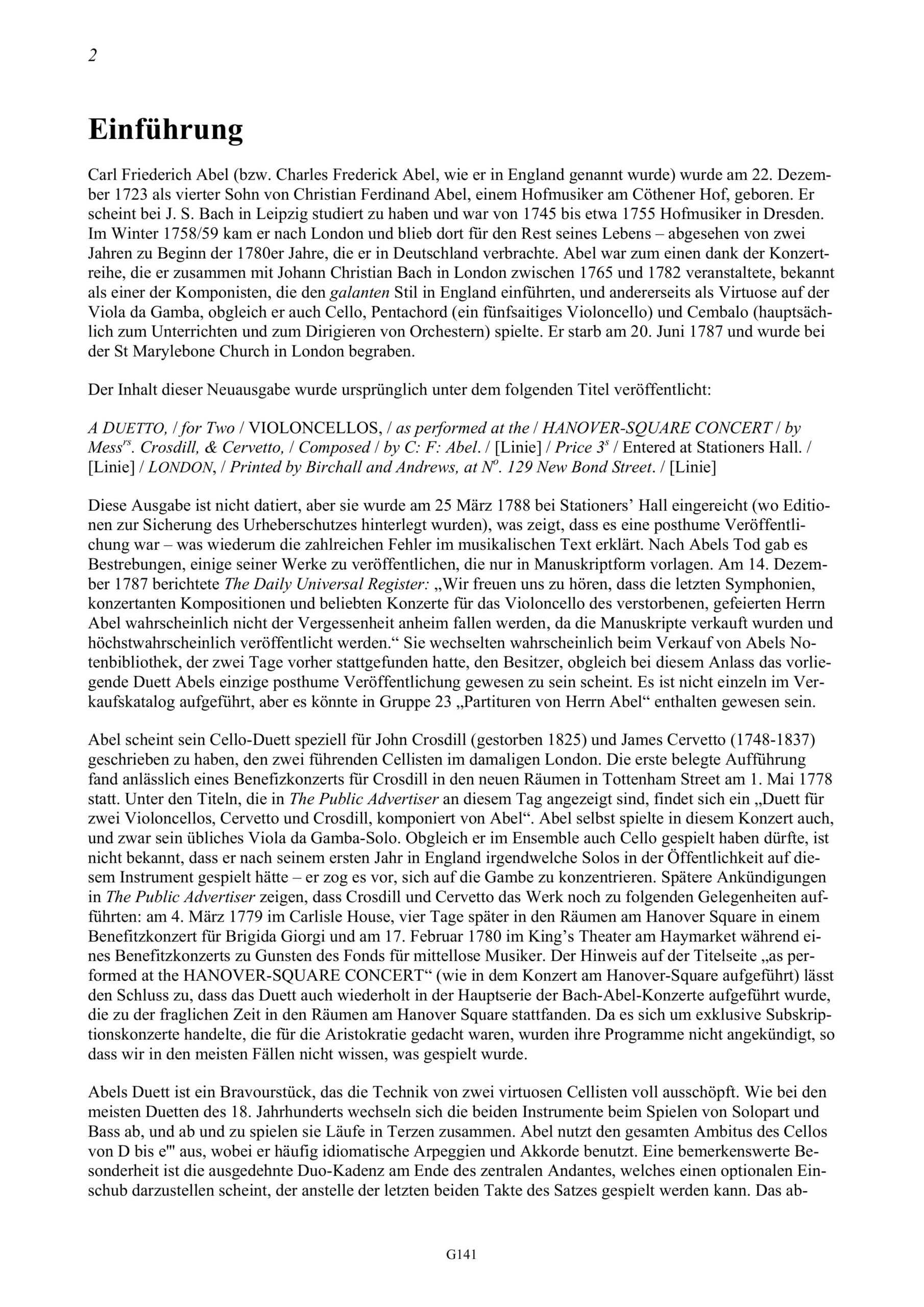 Carl Friedrich Abel (1723-1787) Duett für zwei Violoncelli - „wie es von den Herren Crosdill und Cervetto in dem Konzert am Hanover-Square aufgeführt wurde“ - Image 2