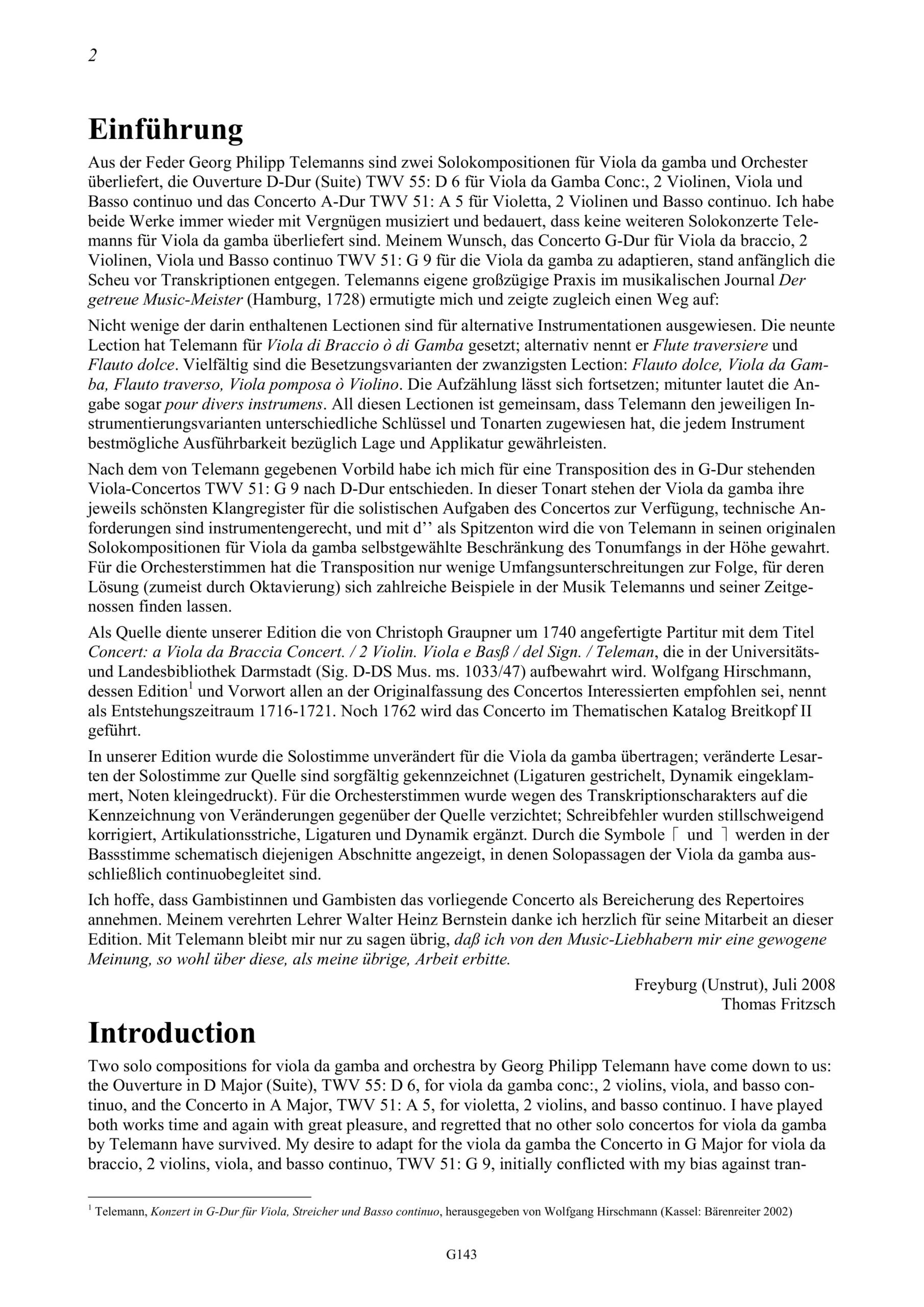 Georg Philipp Telemann (1681-1767) Concerto D-Dur für Viola da Gamba, 2 Violinen, Viola und Basso
continuo - Transkription des Konzerts G-Dur TWV 51:G9 für Viola concertata, 2
Violinen, Viola und Basso continuo von Thomas Fritzsch und Walter Heinz
Bernstein – Bild 2