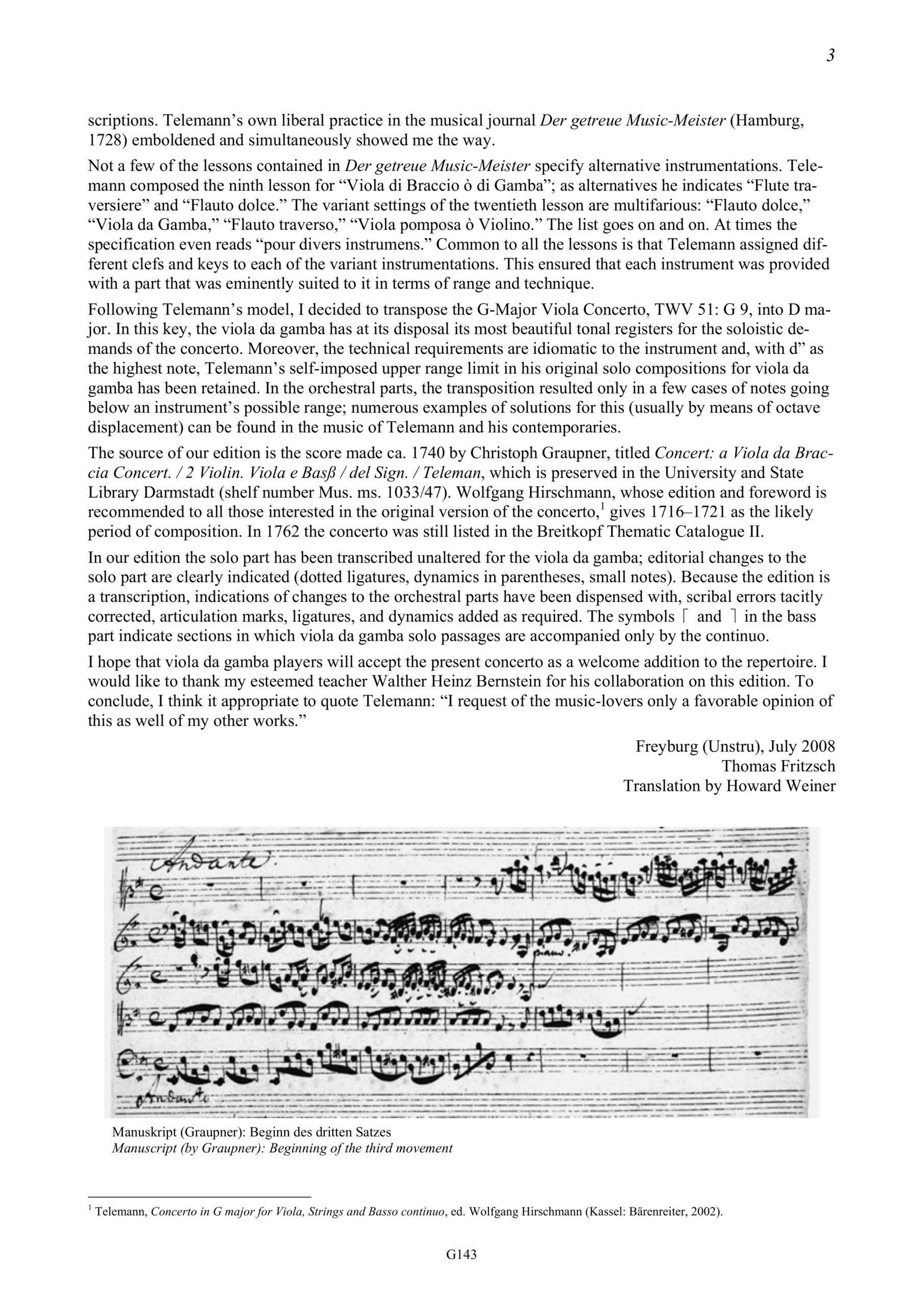 Georg Philipp Telemann (1681-1767) Concerto D-Dur für Viola da Gamba, 2 Violinen, Viola und Basso
continuo - Transkription des Konzerts G-Dur TWV 51:G9 für Viola concertata, 2
Violinen, Viola und Basso continuo von Thomas Fritzsch und Walter Heinz
Bernstein – Bild 3