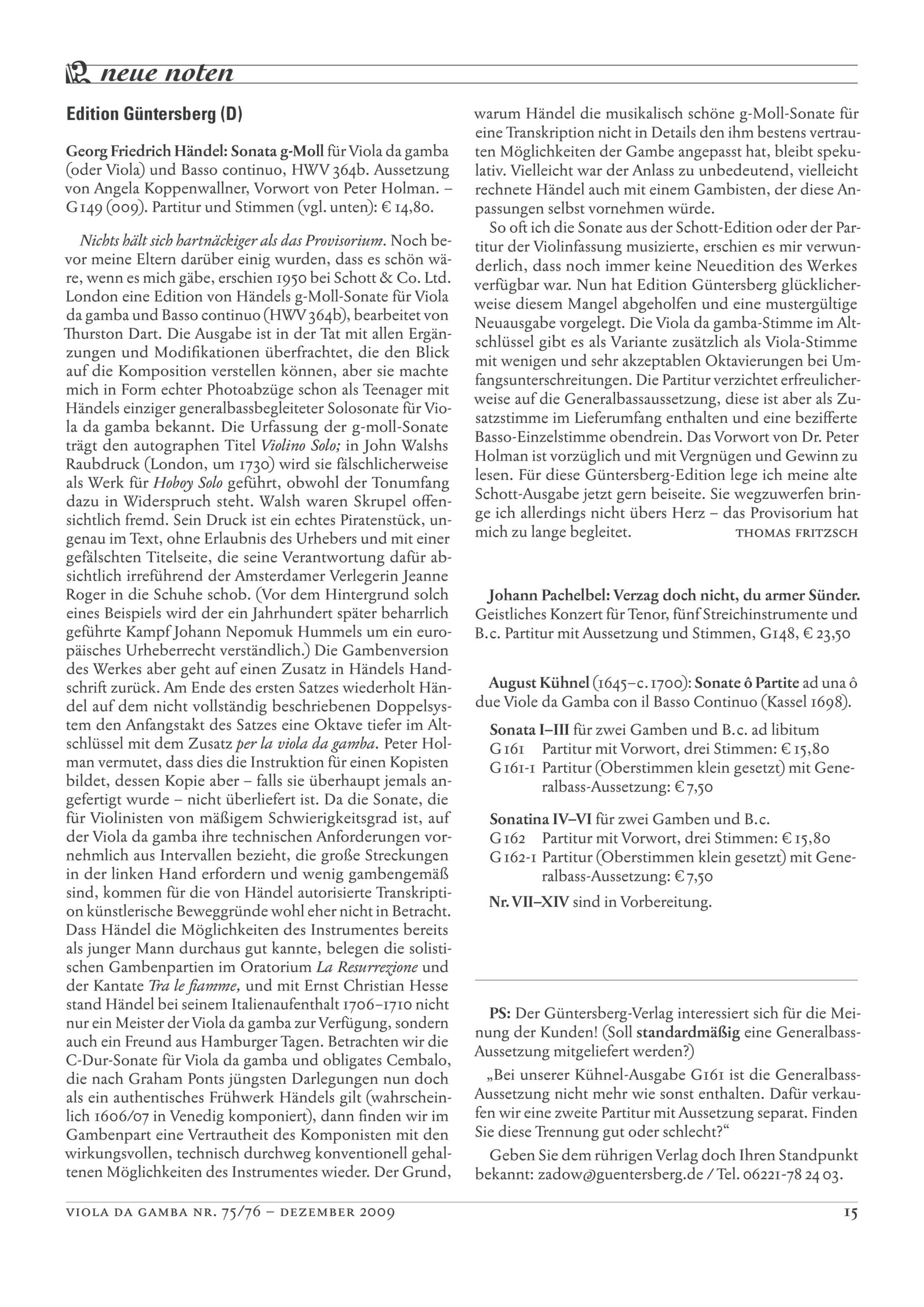 Georg Friedrich Händel (1685-1759) Sonata G-Moll für Viola da Gamba oder Viola und Basso continuo - Besprechungen / Reviews – Bild 4