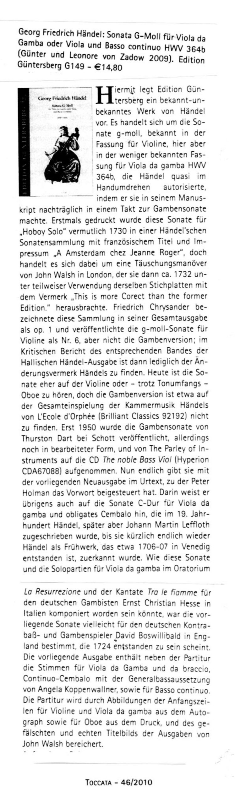 Georg Friedrich Händel (1685-1759) Sonata G-Moll für Viola da Gamba oder Viola und Basso continuo - Besprechungen / Reviews – Bild 5