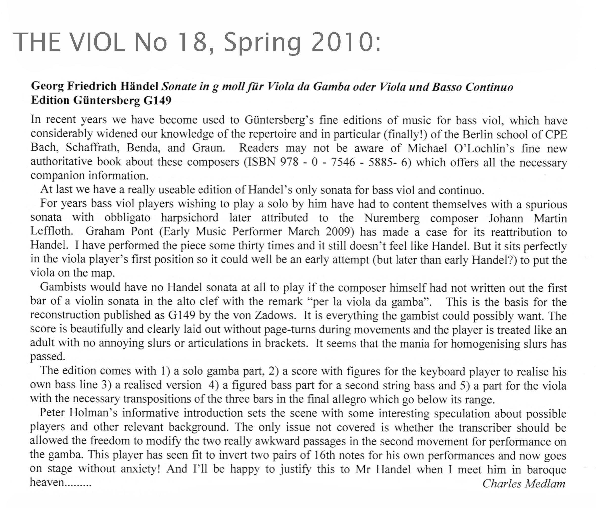 Georg Friedrich Händel (1685-1759) Sonata G-Moll für Viola da Gamba oder Viola und Basso continuo - Besprechungen / Reviews – Bild 6