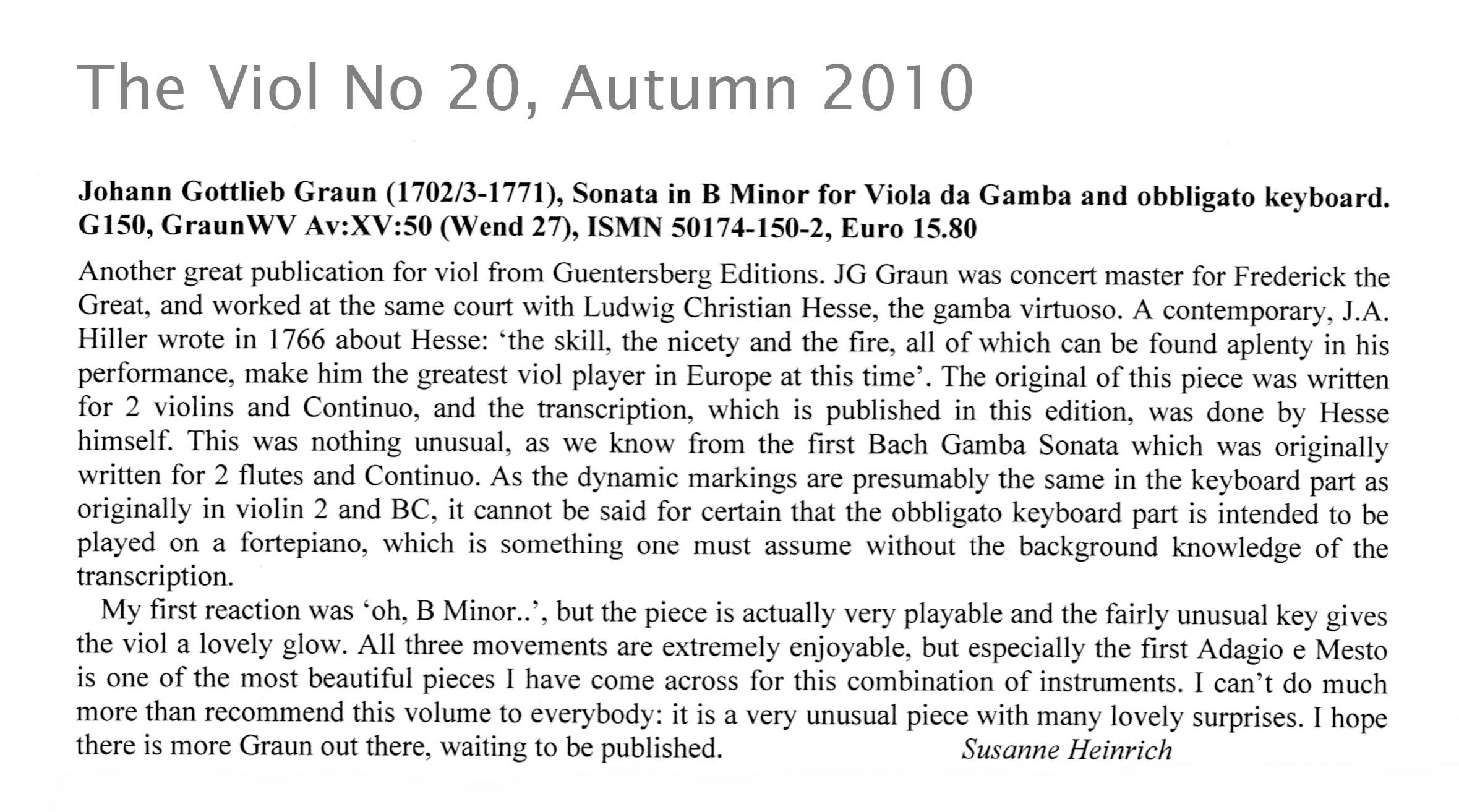 Johann Gottlieb Graun (1702/3-1771) Sonate H-Moll für Viola da Gamba und Cembalo - Besprechungen / Reviews – Bild 5