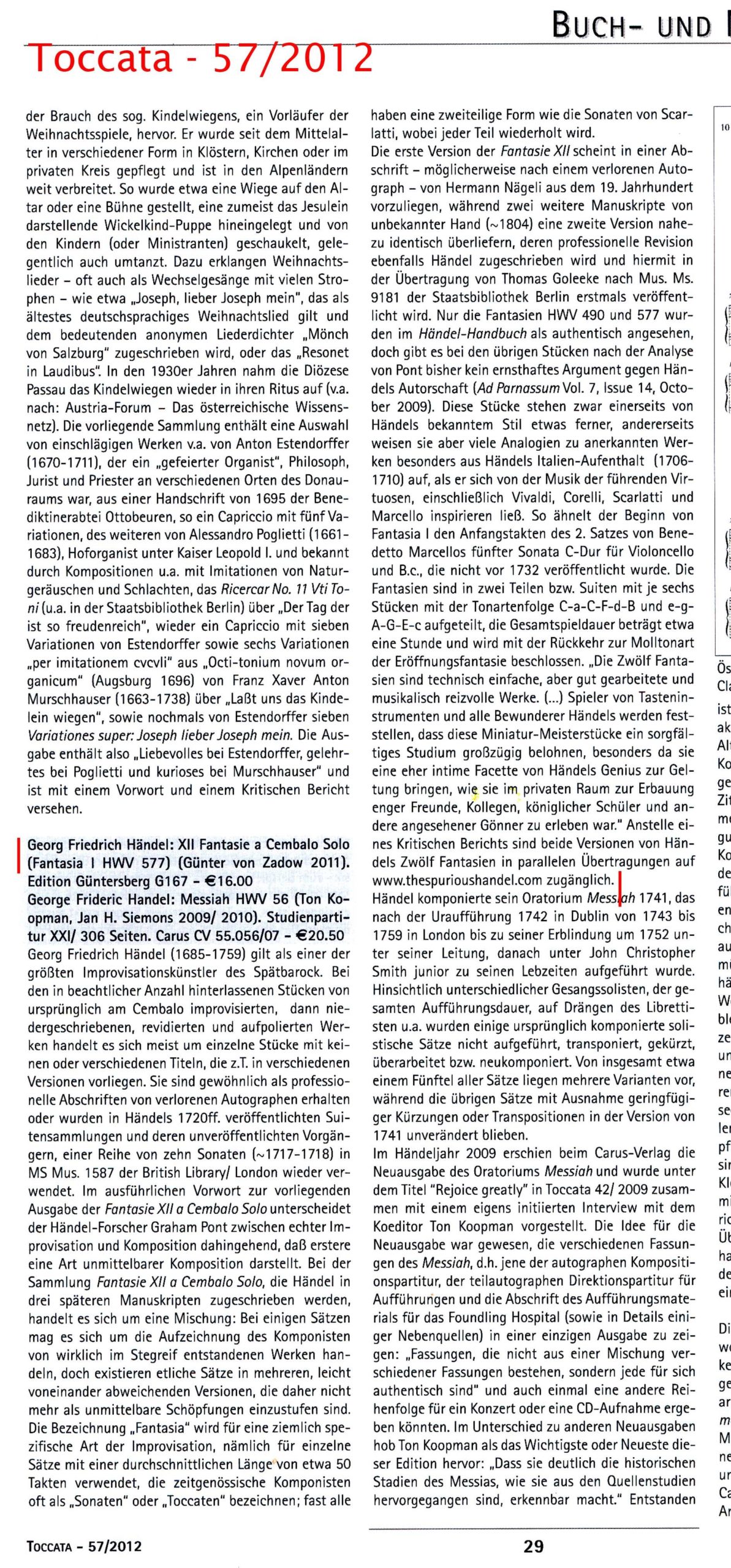 Georg Friedrich Händel (1685-1759) XII Fantasie a Cembalo Solo - Besprechungen / Reviews – Bild 4