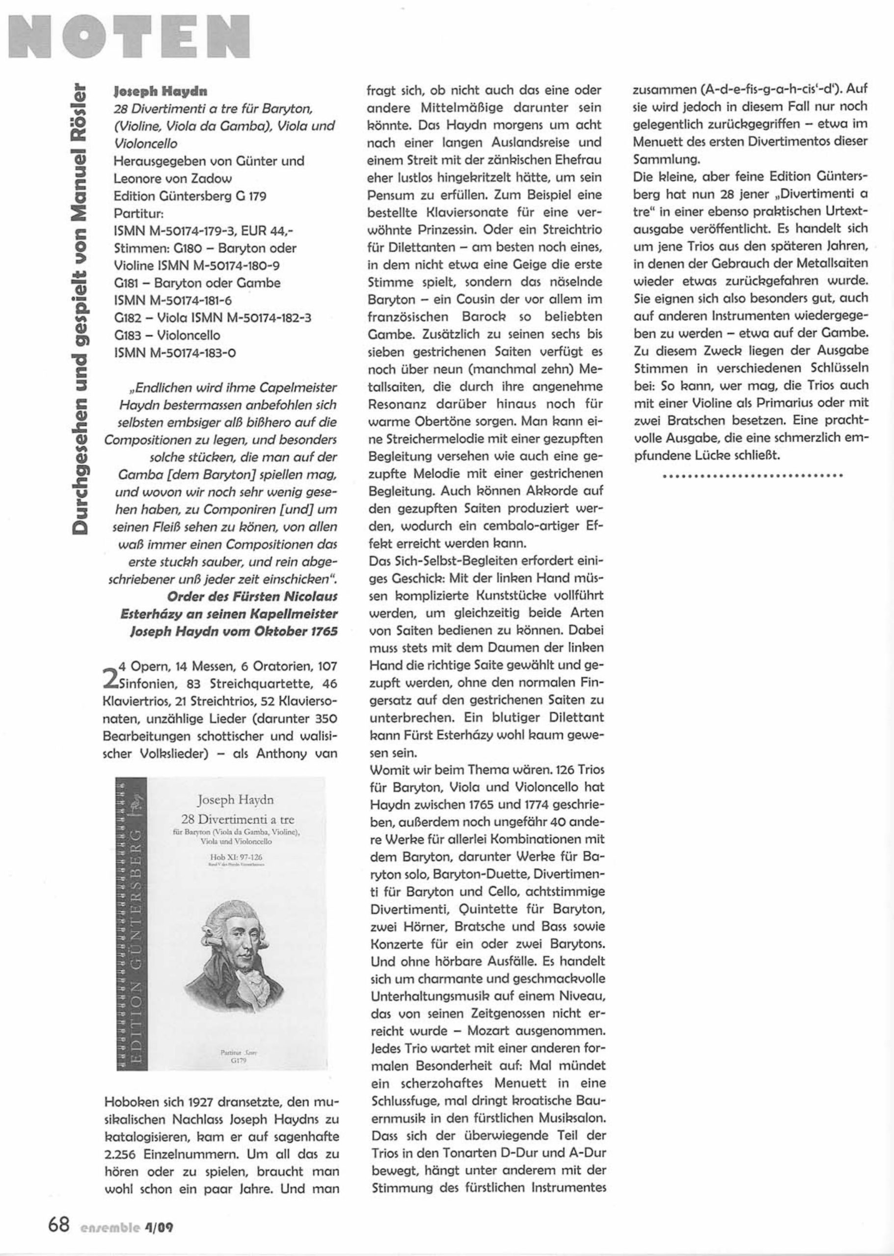 Joseph Haydn (1732-1809) 28
Divertimenti a tre (Barytontrios 97-126) - für Baryton (Viola da Gamba, Violine), Viola und Violoncello - Image 5