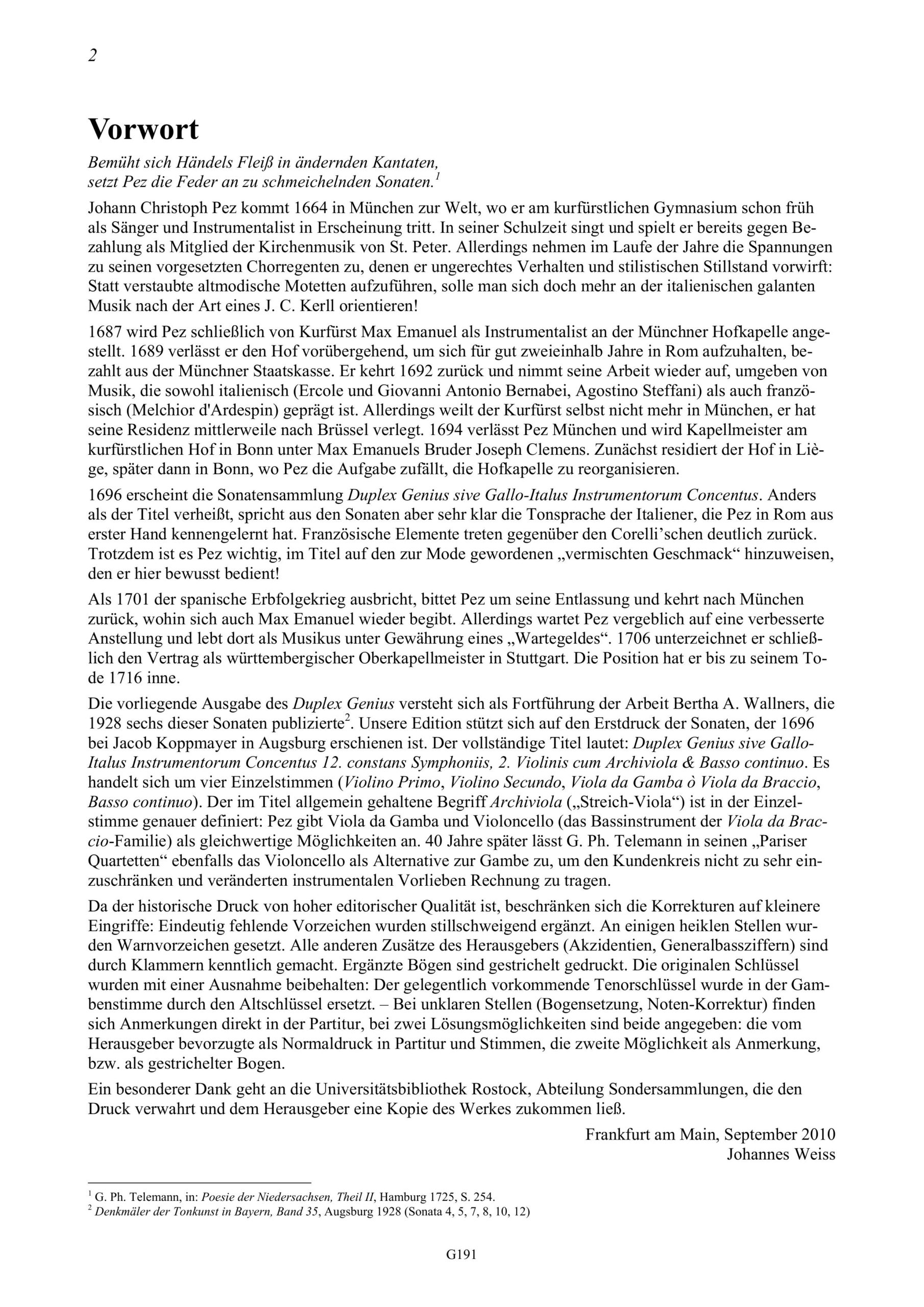 Johann Christoph Pez (1664-1716) Duplex Genius - Zwölf Sonaten für zwei Violinen, Viola da Gamba oder Violoncello und
Basso Continuo, Opus I – Bild 2