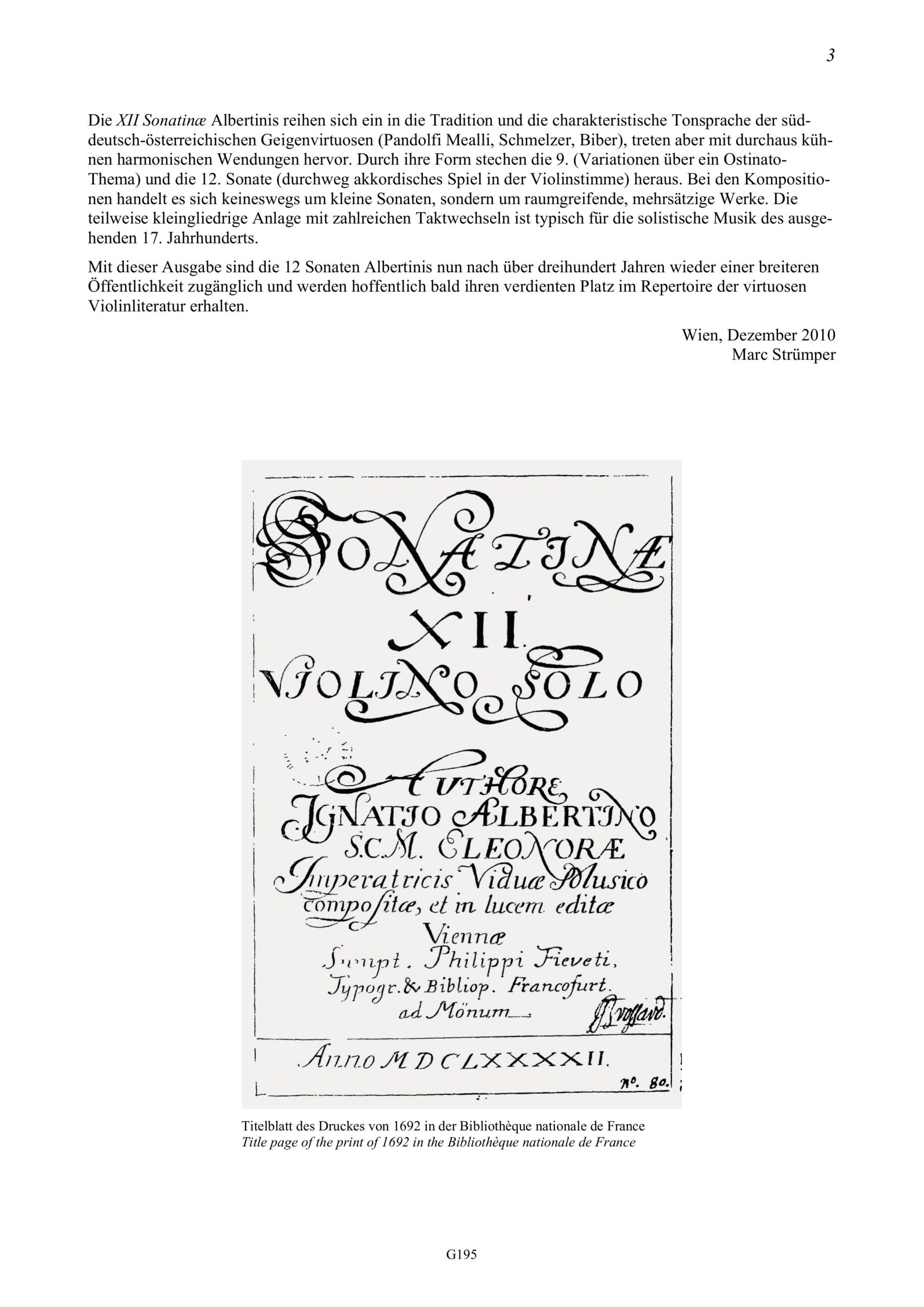 Ignazio Albertini (~1644-1685) XII Sonatinae - 12 Sonaten für Violine und Basso continuo, Frankfurt 1692 – Bild 3